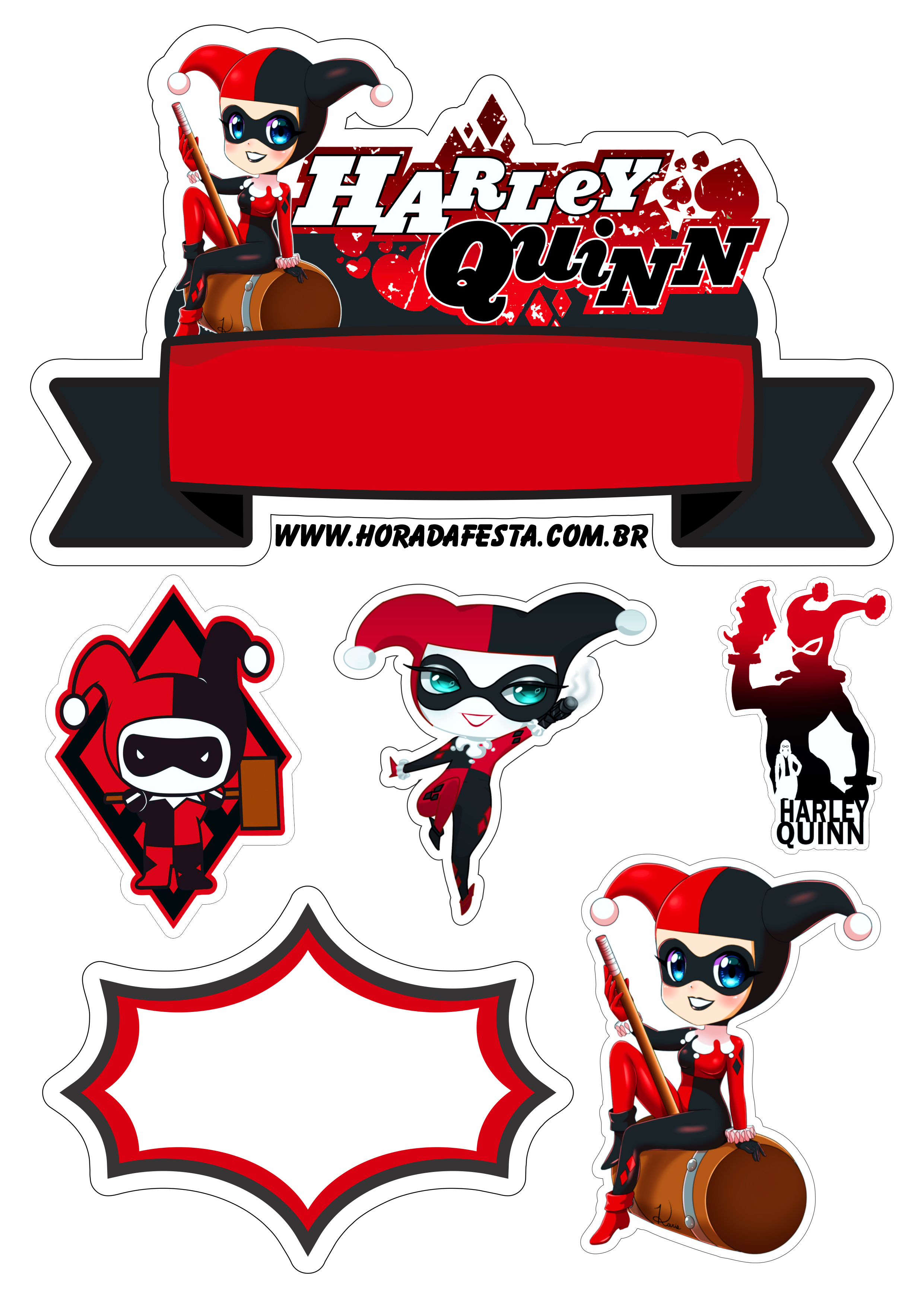 Topo de bolo para baixar Arlequina Harley Quinn festa temática artigos de papelaria corações decoração design pack de imagens png
