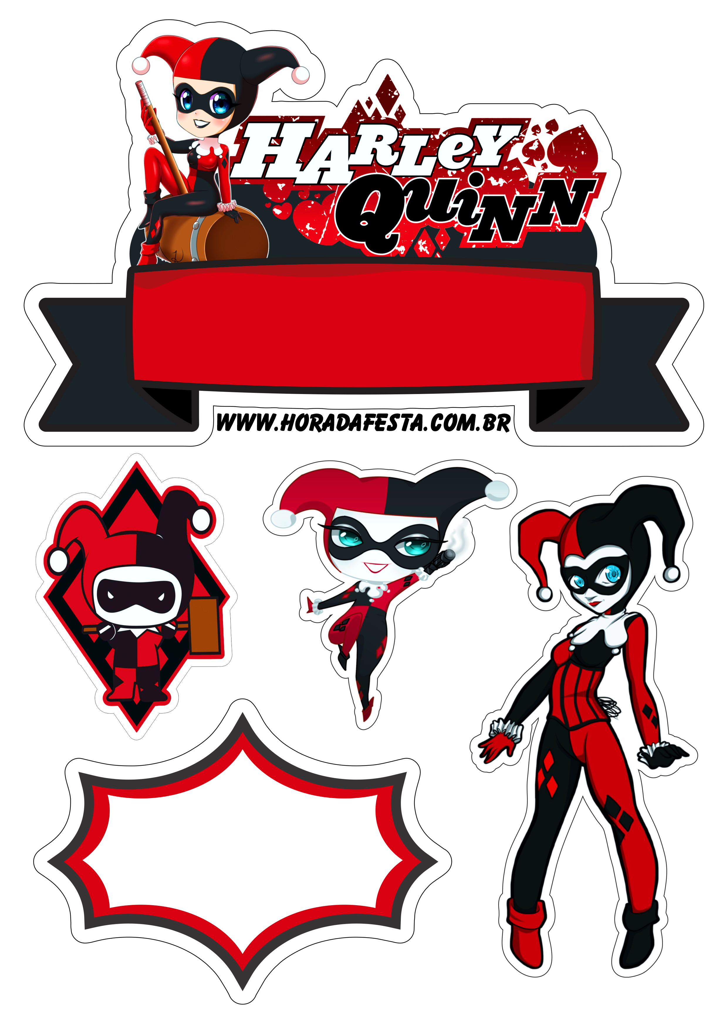 Topo de bolo para baixar Arlequina Harley Quinn festa temática artigos de papelaria corações decoração design comemoração png