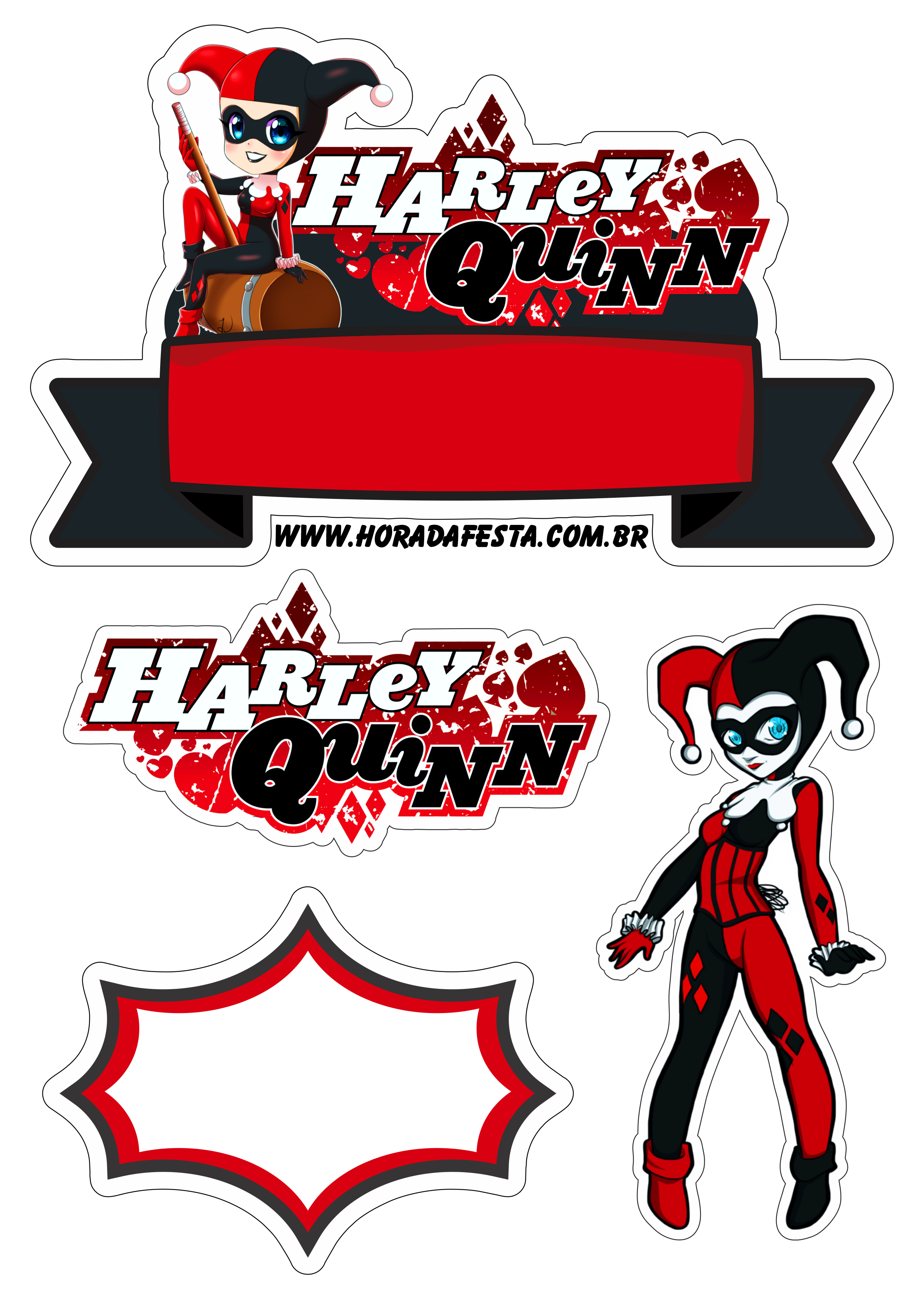 Topo de bolo para baixar Arlequina Harley Quinn festa temática artigos de papelaria corações decoração design artes gráficas png