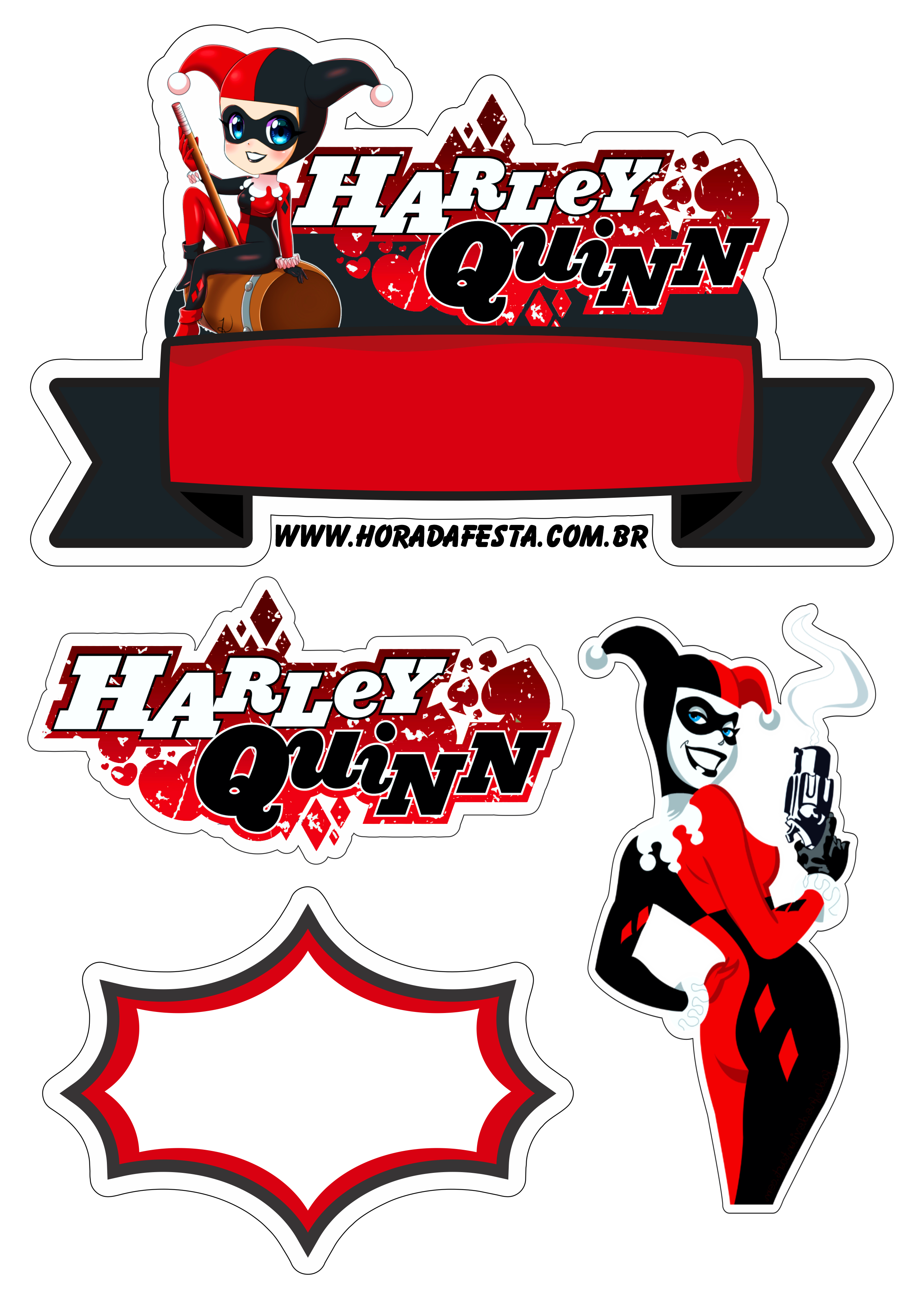 Topo de bolo para baixar Arlequina Harley Quinn festa temática artigos de papelaria corações decoração design vilã png