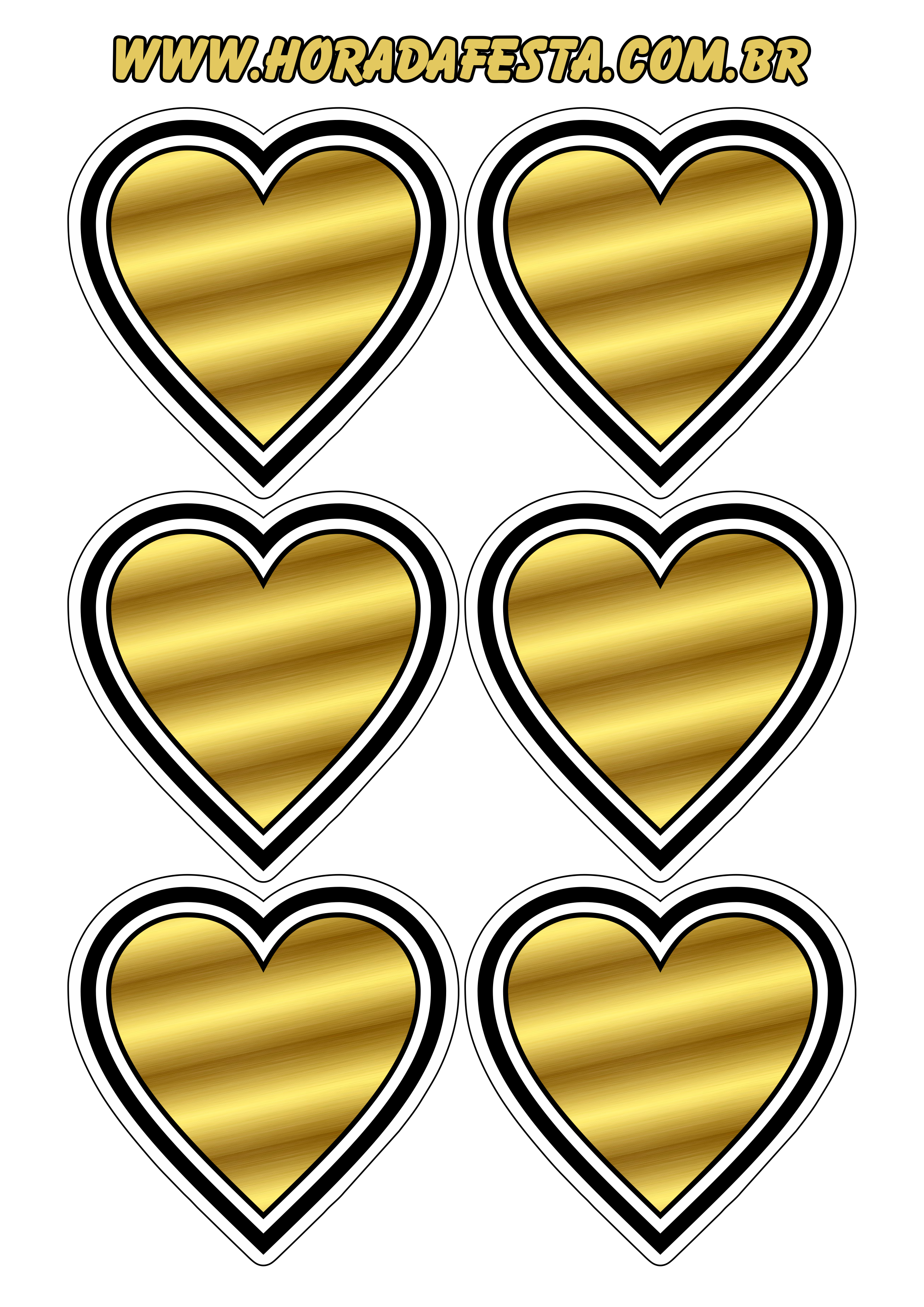 Coração dourado com contorno adesivo tag sticker decoração de festas temáticas 6 imagens png