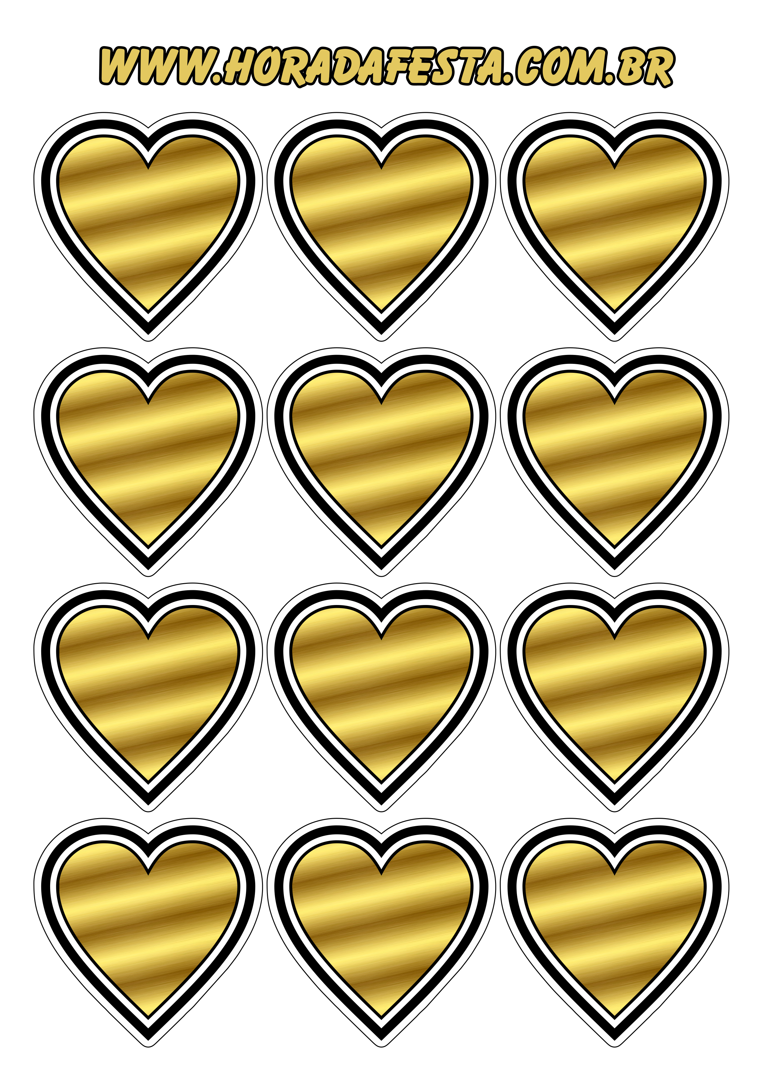 Coração dourado com contorno adesivo tag sticker decoração de festas temáticas 12 imagens png