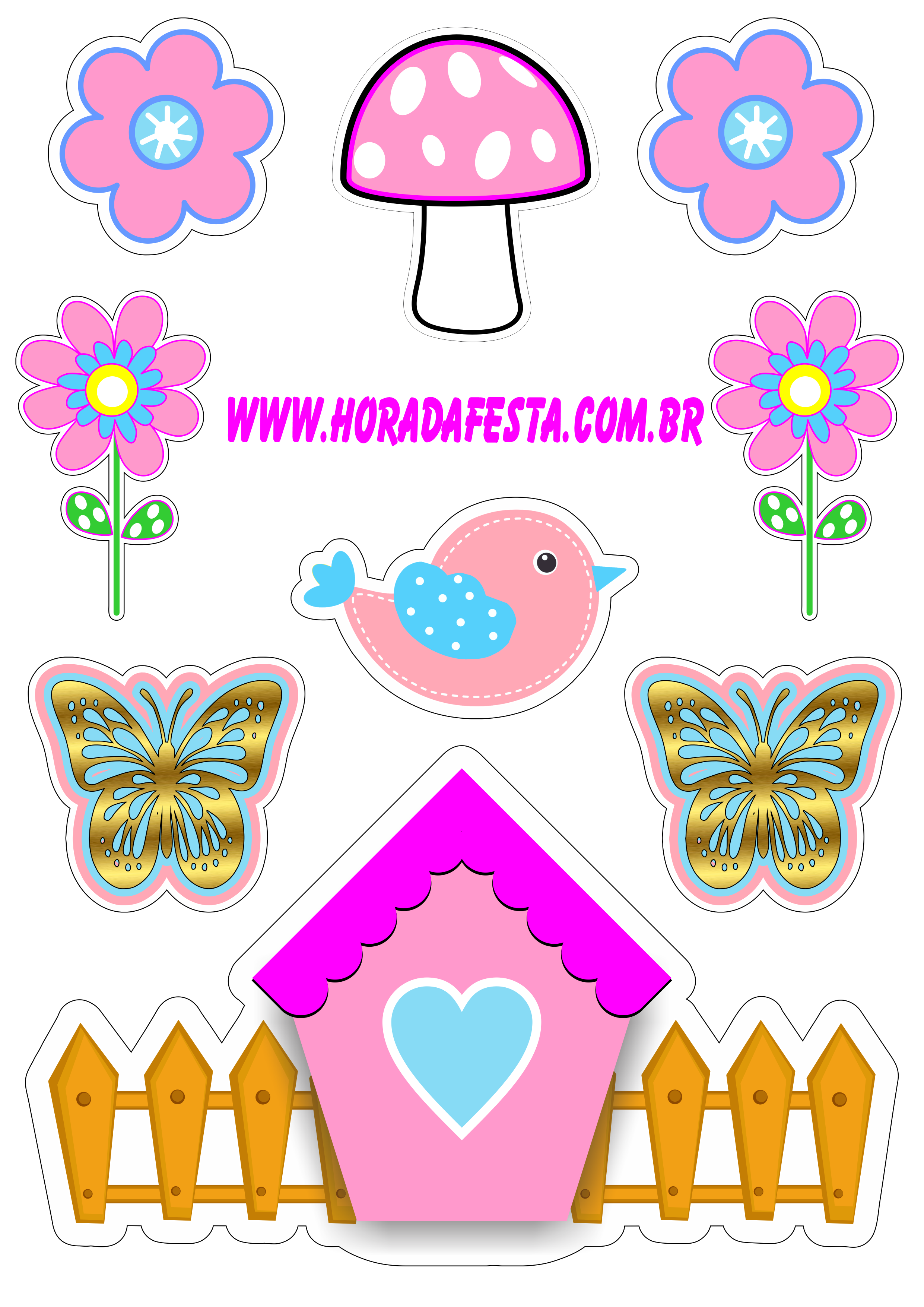 Topo de bolo para imprimir jardim encantado colorido rosa com azul passarinho borboleta florzinha casinha cogumelo png