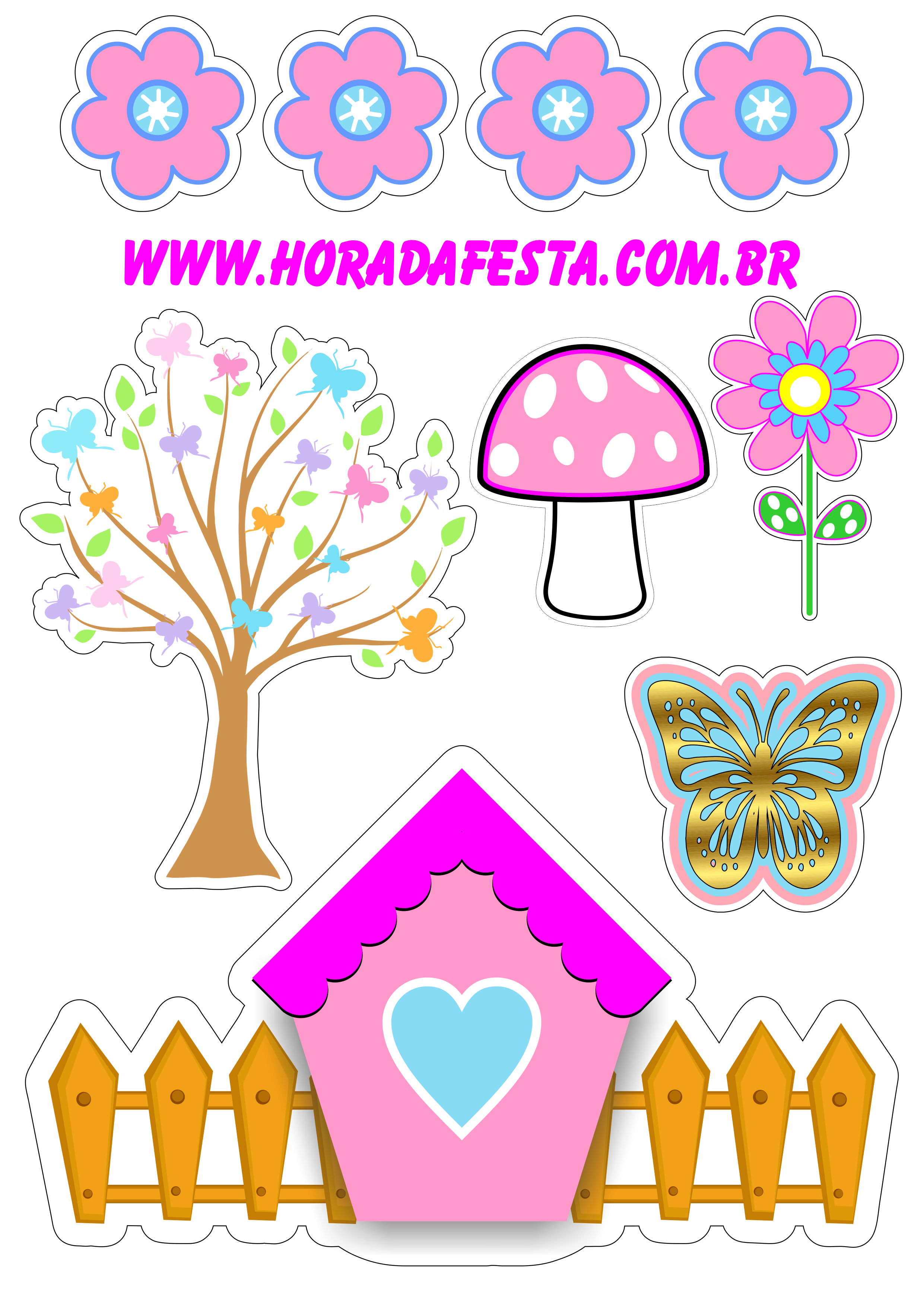 Topo de bolo para imprimir jardim encantado colorido rosa com azul árvore borboleta florzinha casinha cogumelo png