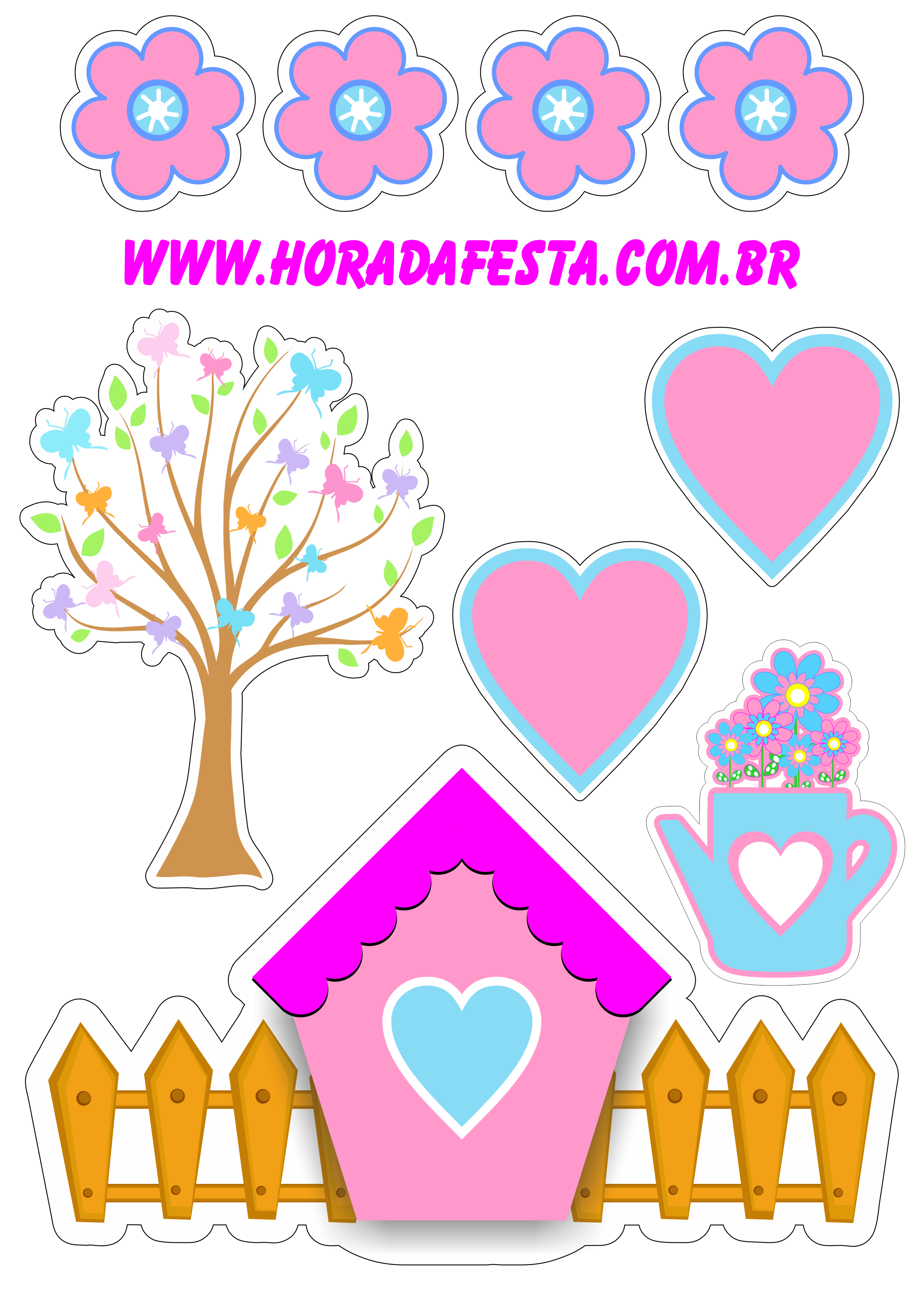 Topo de bolo para imprimir jardim encantado colorido rosa com azul árvore corações florzinha casinha png