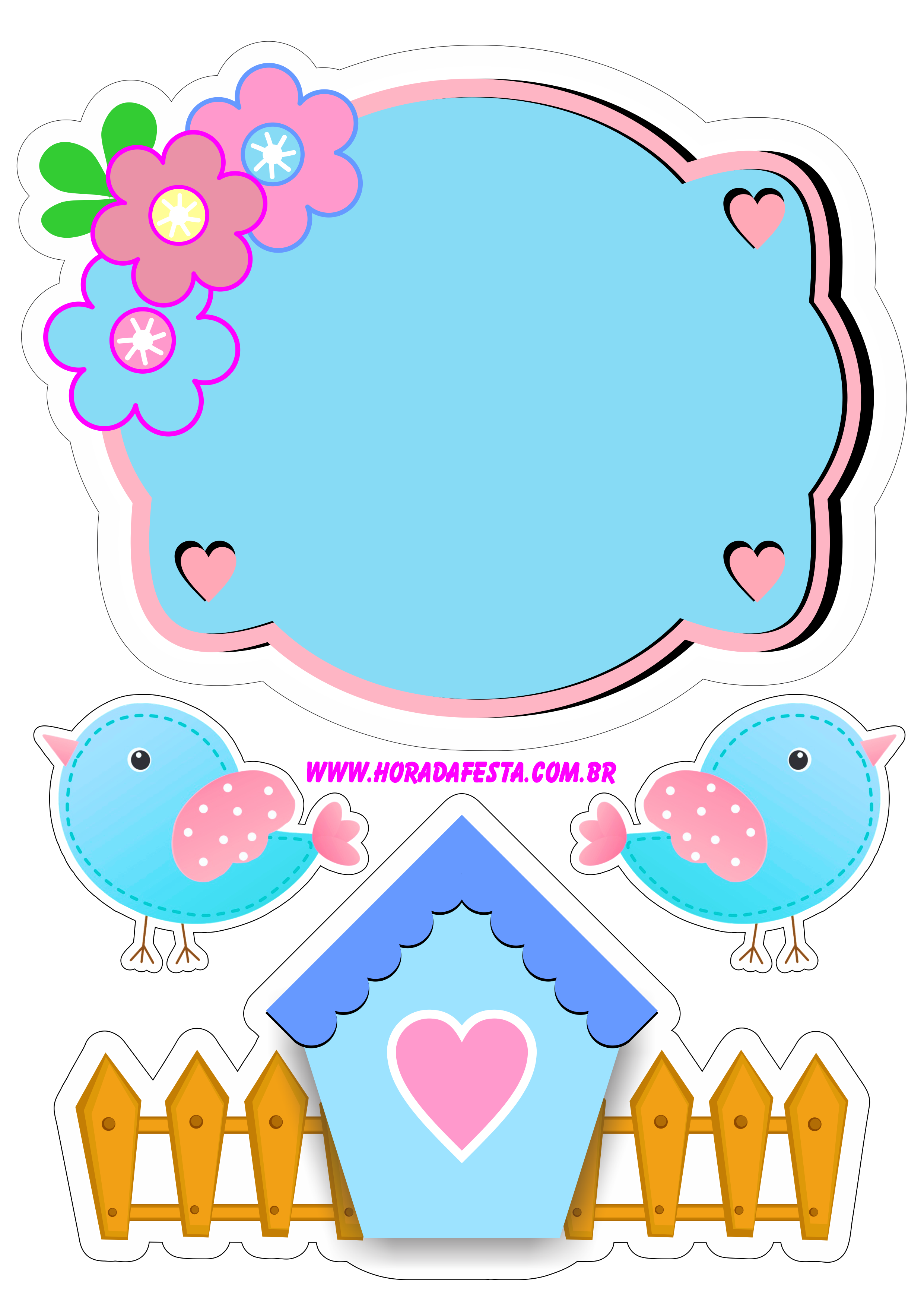 Topo de bolo para imprimir jardim encantado colorido rosa com azul plaquinha festa de aniversário temática png