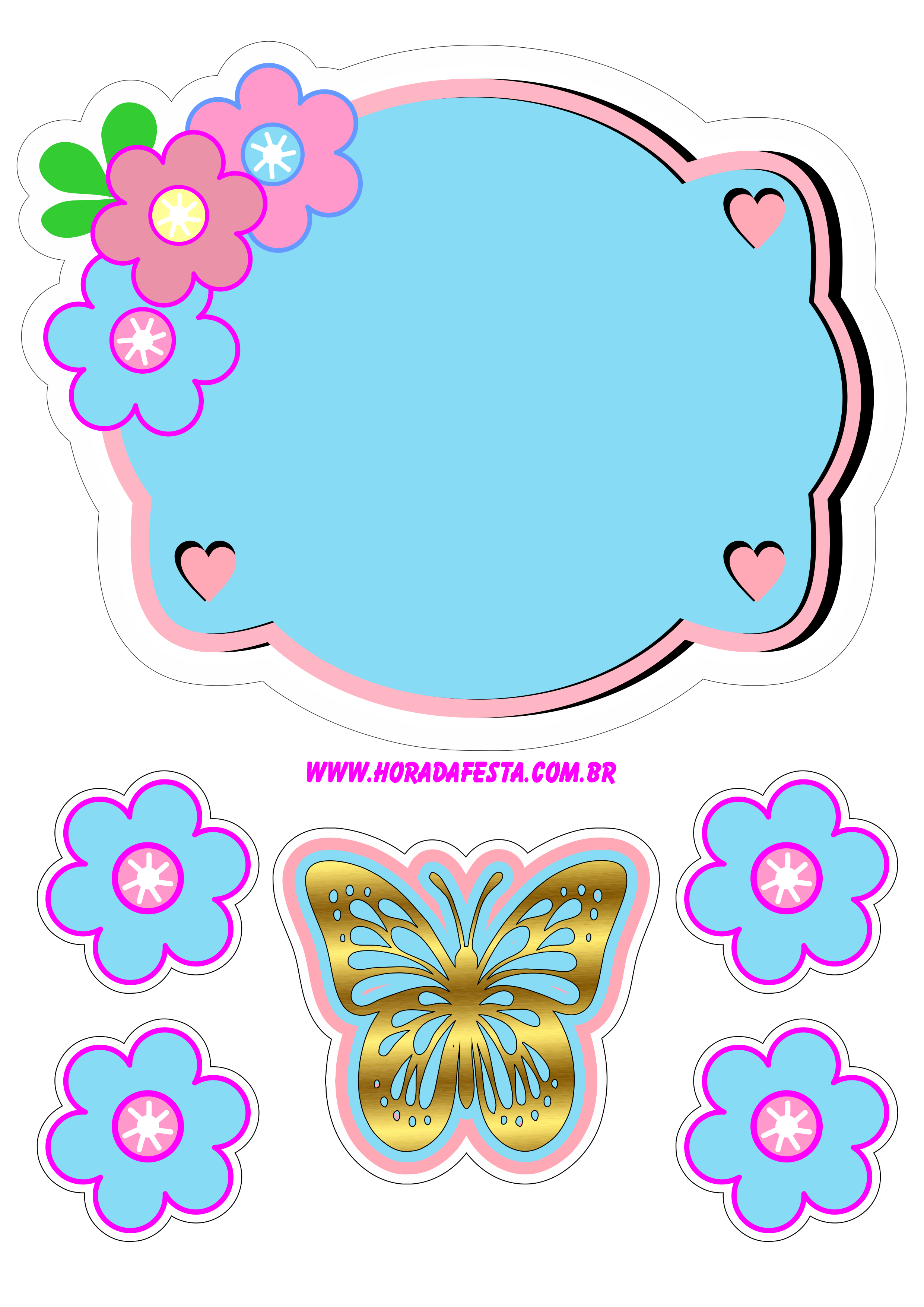 Topo de bolo para imprimir jardim encantado colorido rosa com azul plaquinha festa de aniversário temática borboleta dourada png