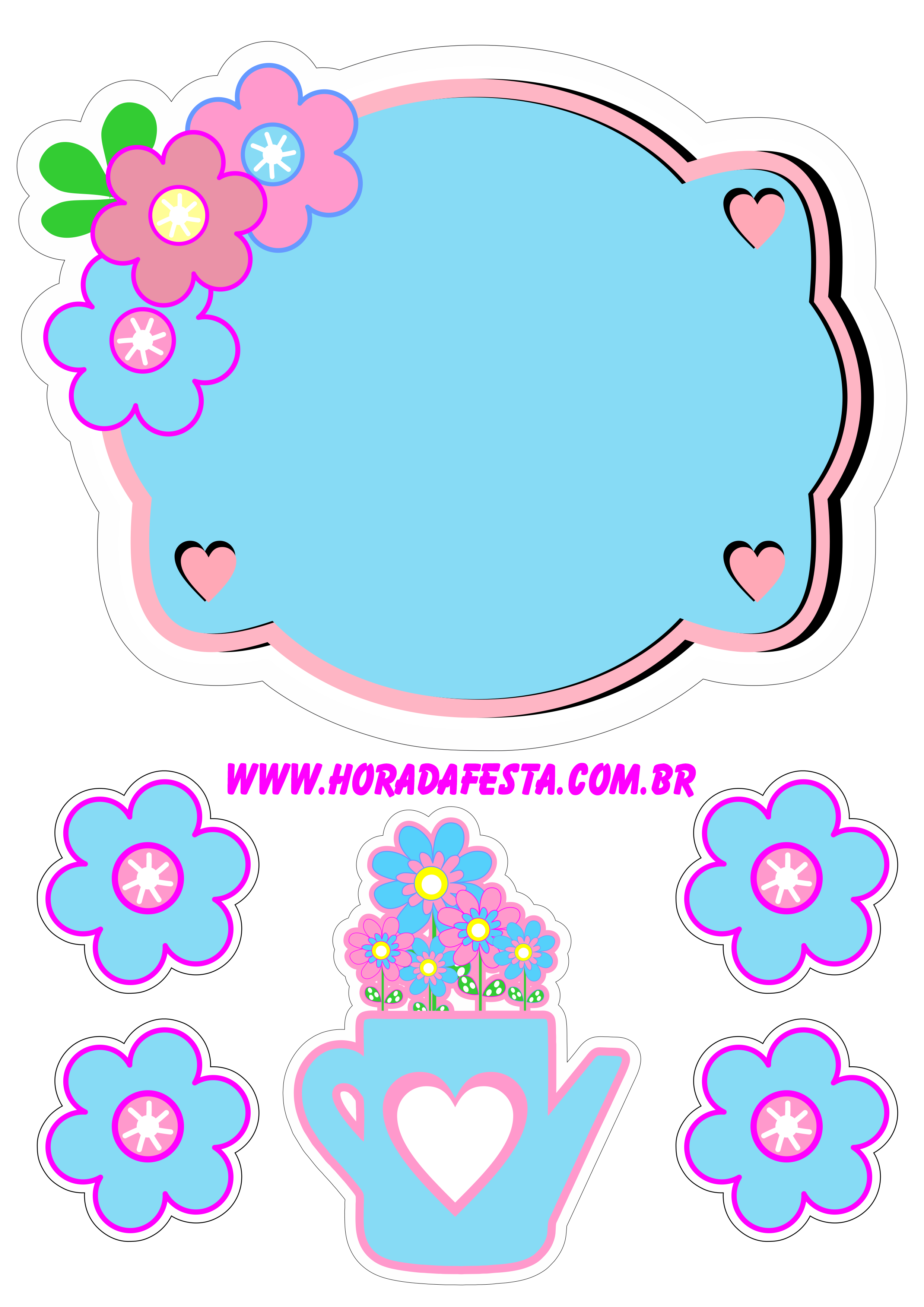 Topo de bolo para imprimir jardim encantado colorido rosa com azul plaquinha festa de aniversário temática regador florido png