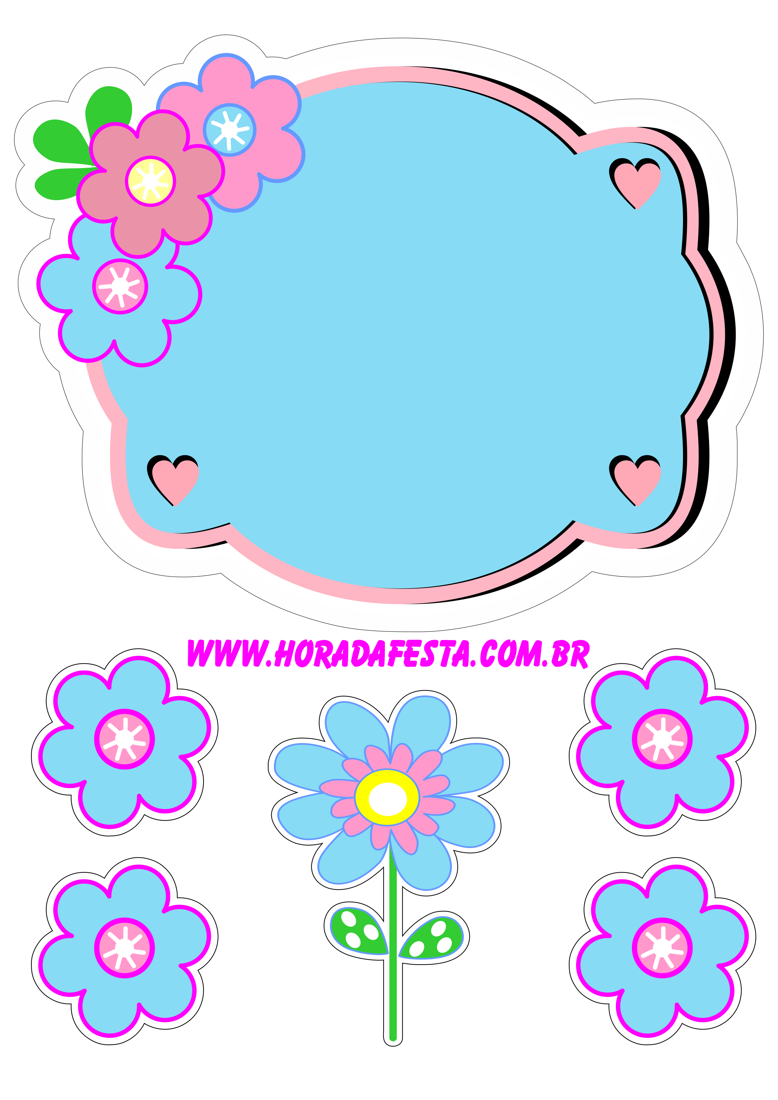 Topo de bolo para imprimir jardim encantado colorido rosa com azul plaquinha festa de aniversário temática florzinha png