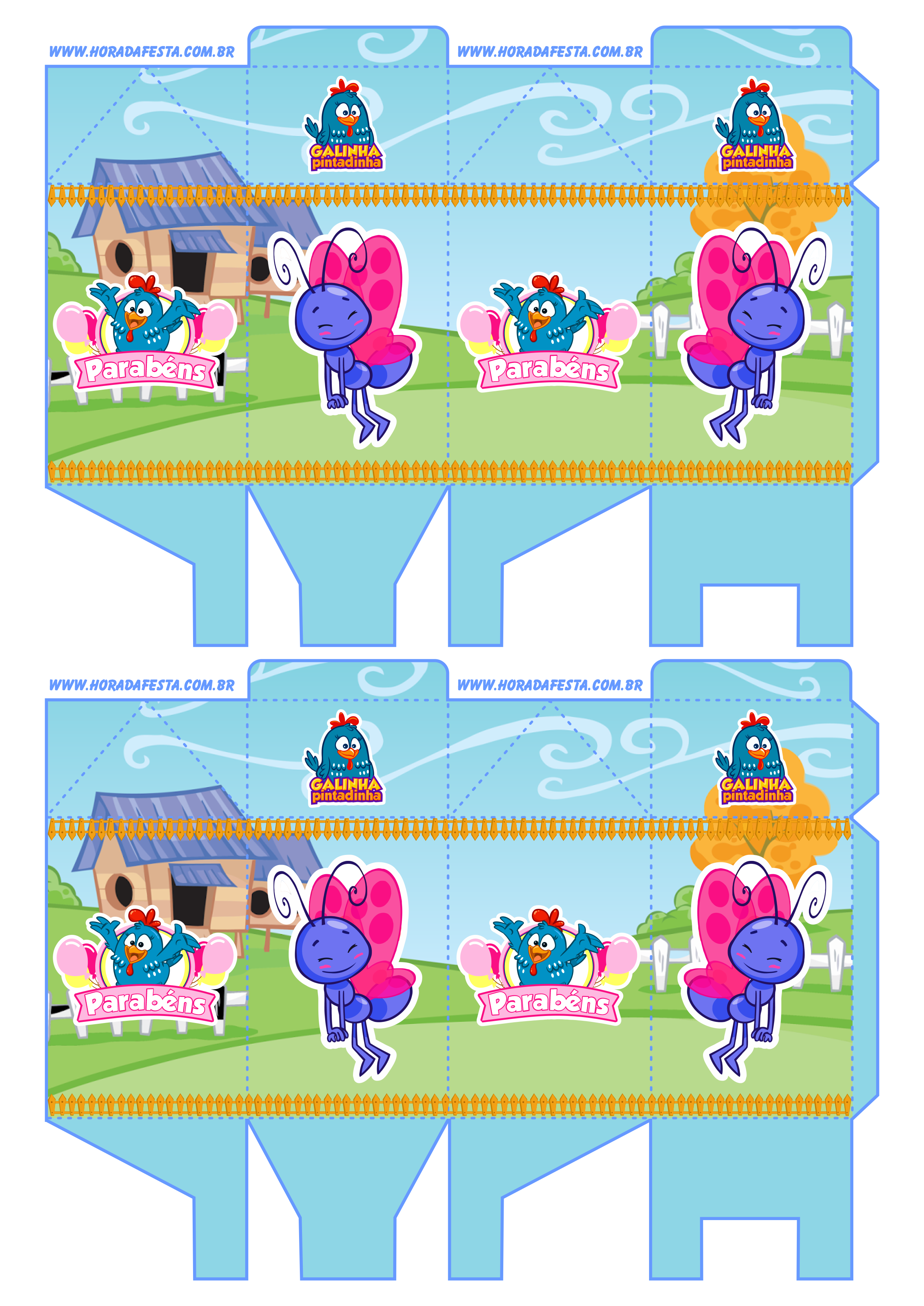 Artigos de papelaria molde caixinha de leite galinha pintadinha rosa borboletinha pack de imagens 2 imagens png