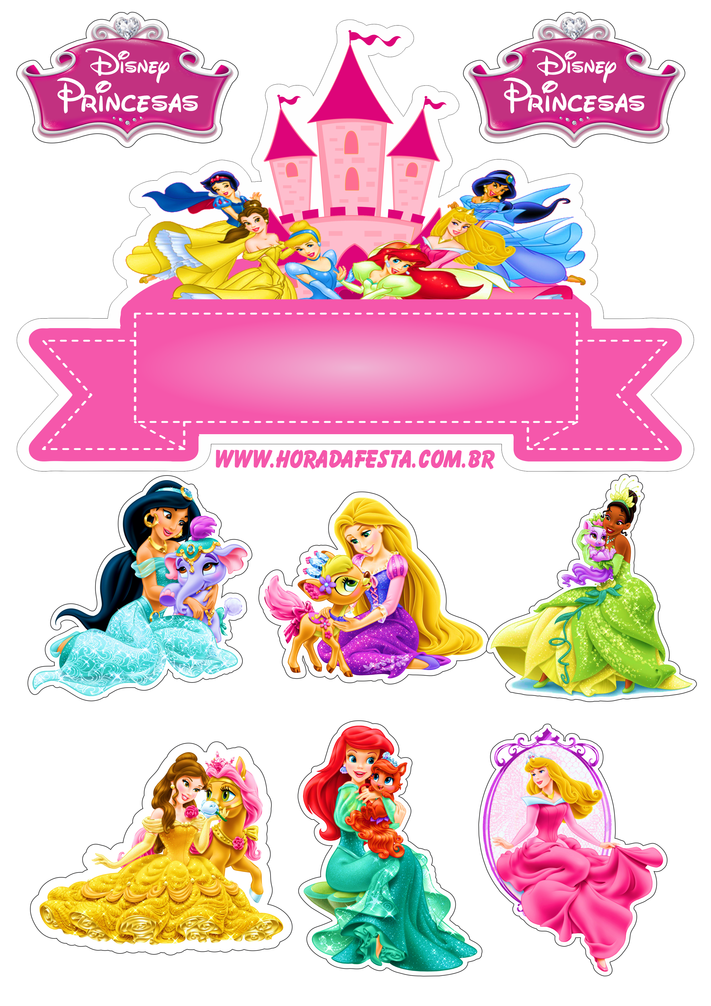 Topo de bolo para imprimir princesas disney animação infantil festa de aniversário rosa png