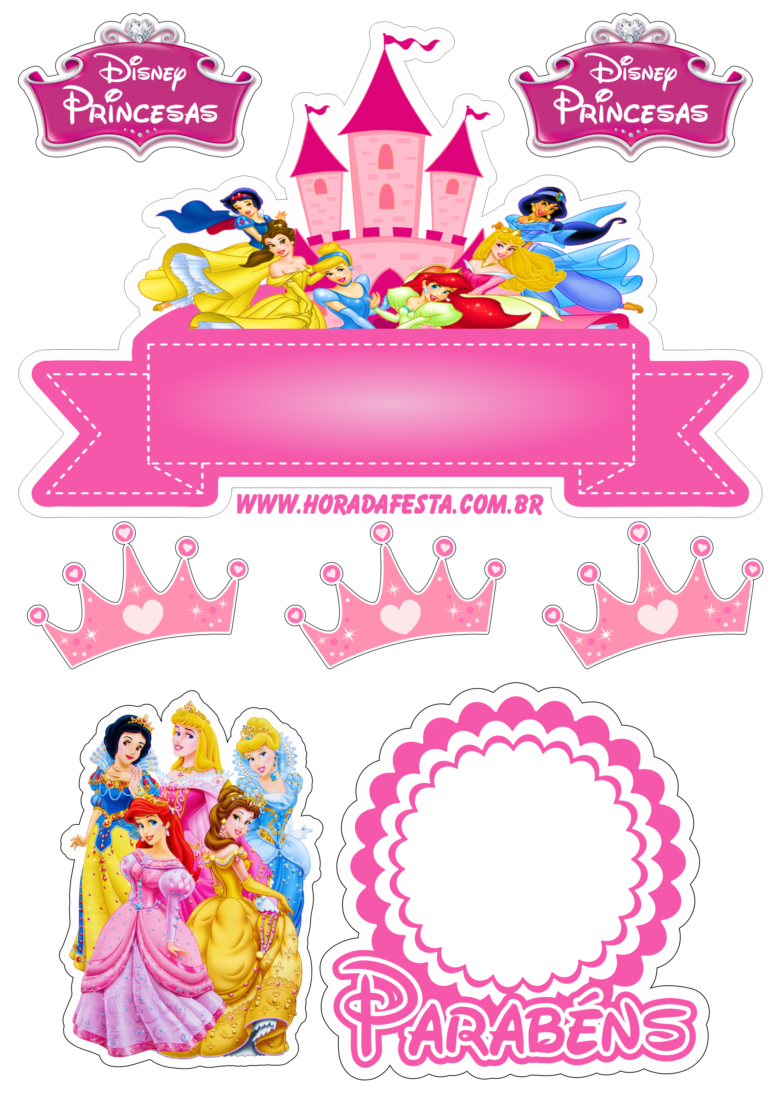 Topo de bolo para imprimir princesas disney animação infantil festa de aniversário rosa parabéns png
