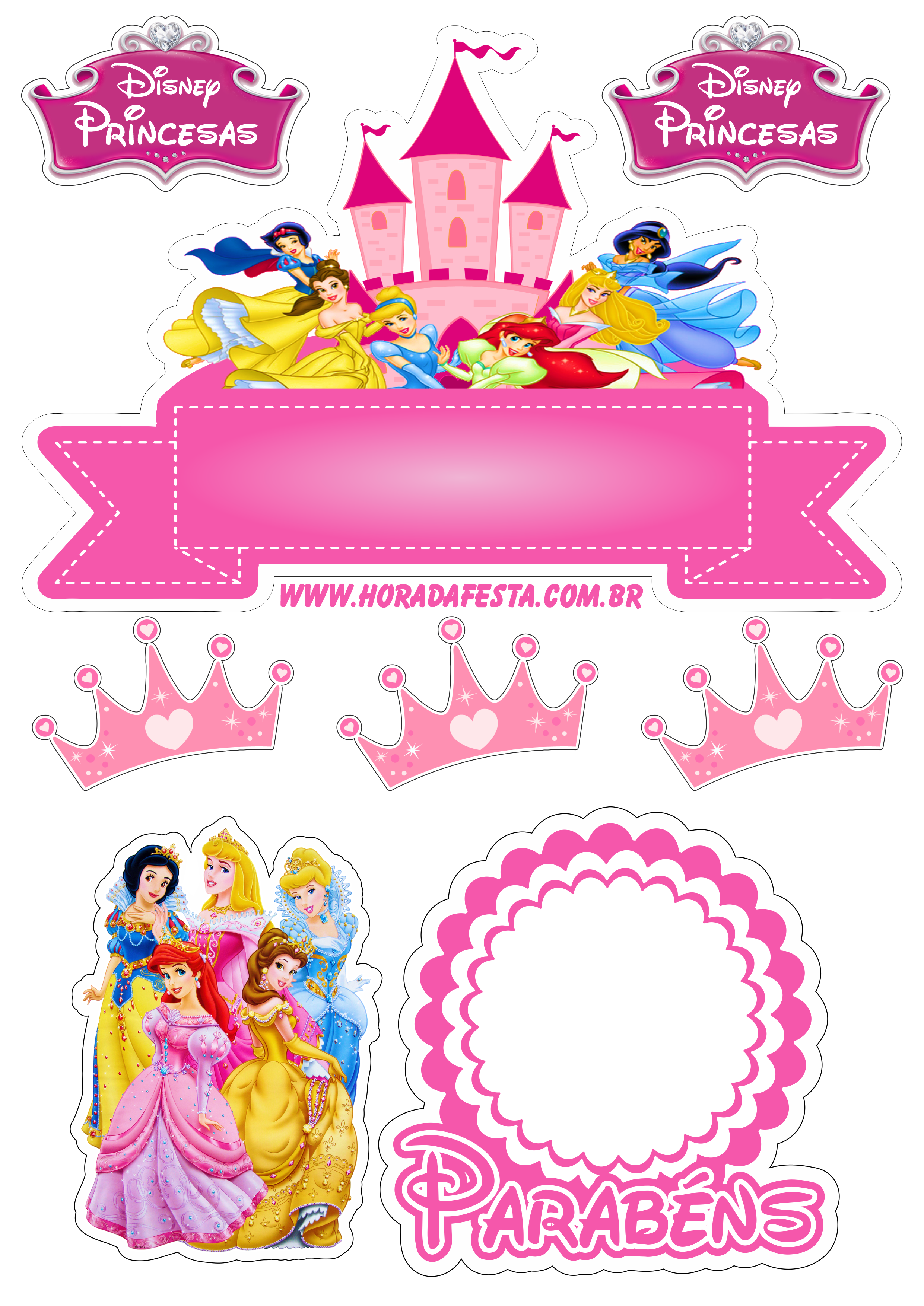 Topo de Bolo Princesas Disney Parabéns-Extra Festas