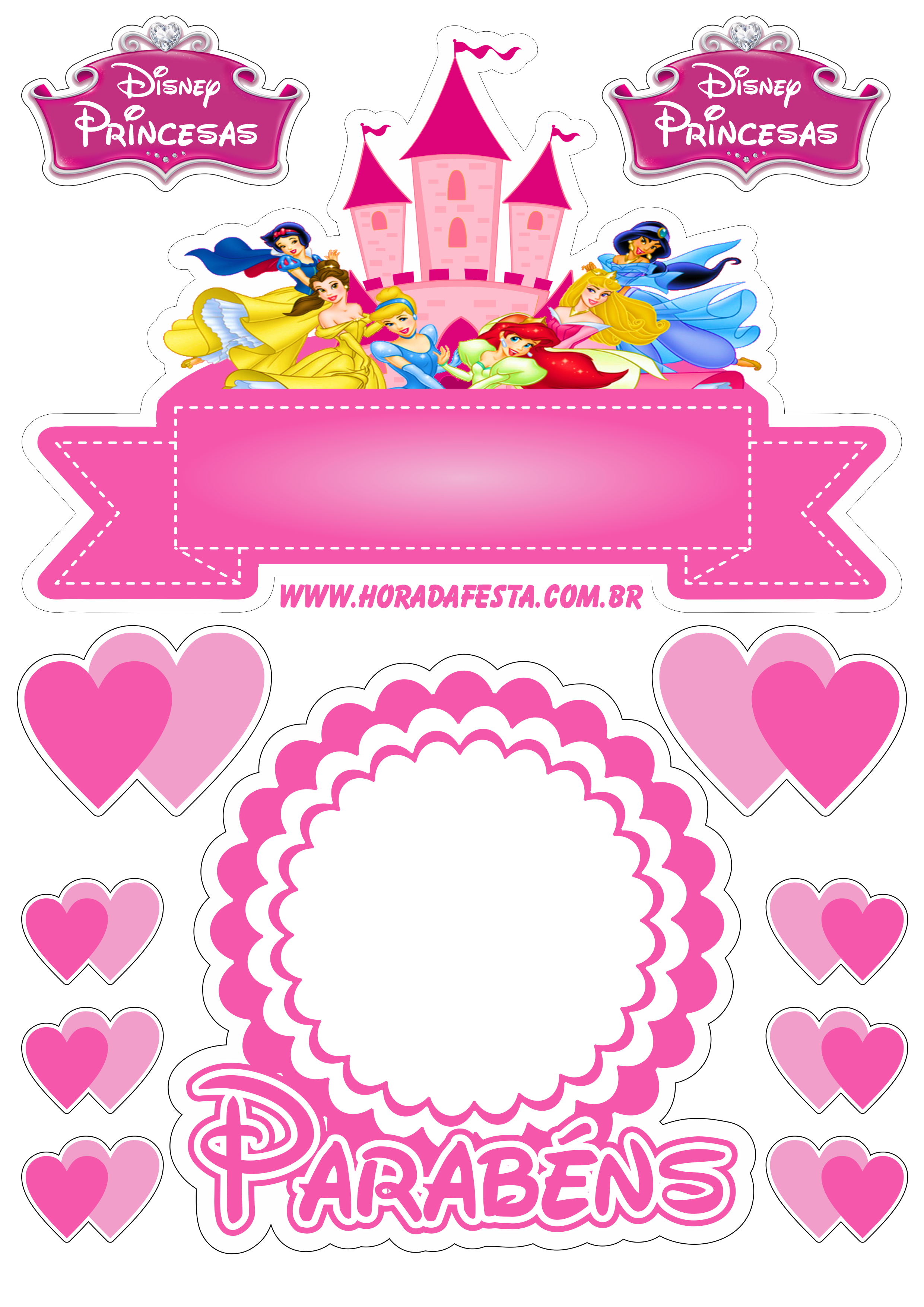 Topo de bolo para imprimir princesas disney animação infantil festa de aniversário rosa parabéns artigos de papelaria png
