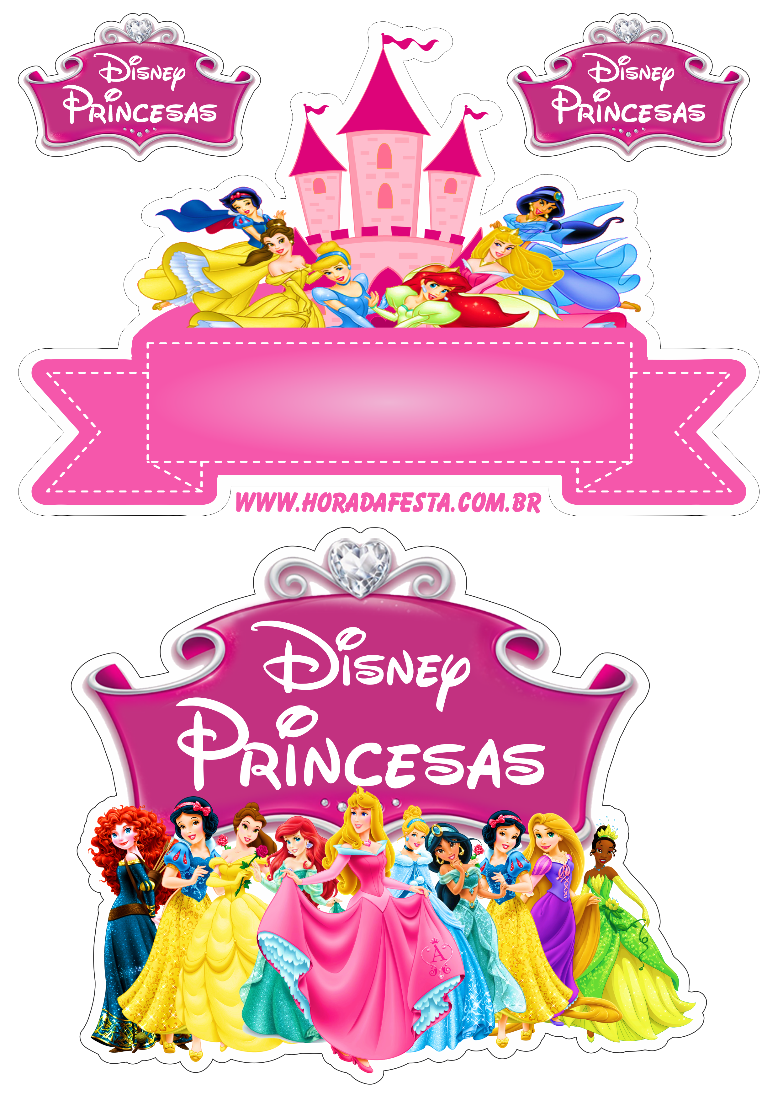 Topo de bolo para imprimir princesas disney animação infantil festa de aniversário rosa parabéns artigos de papelaria recorte png