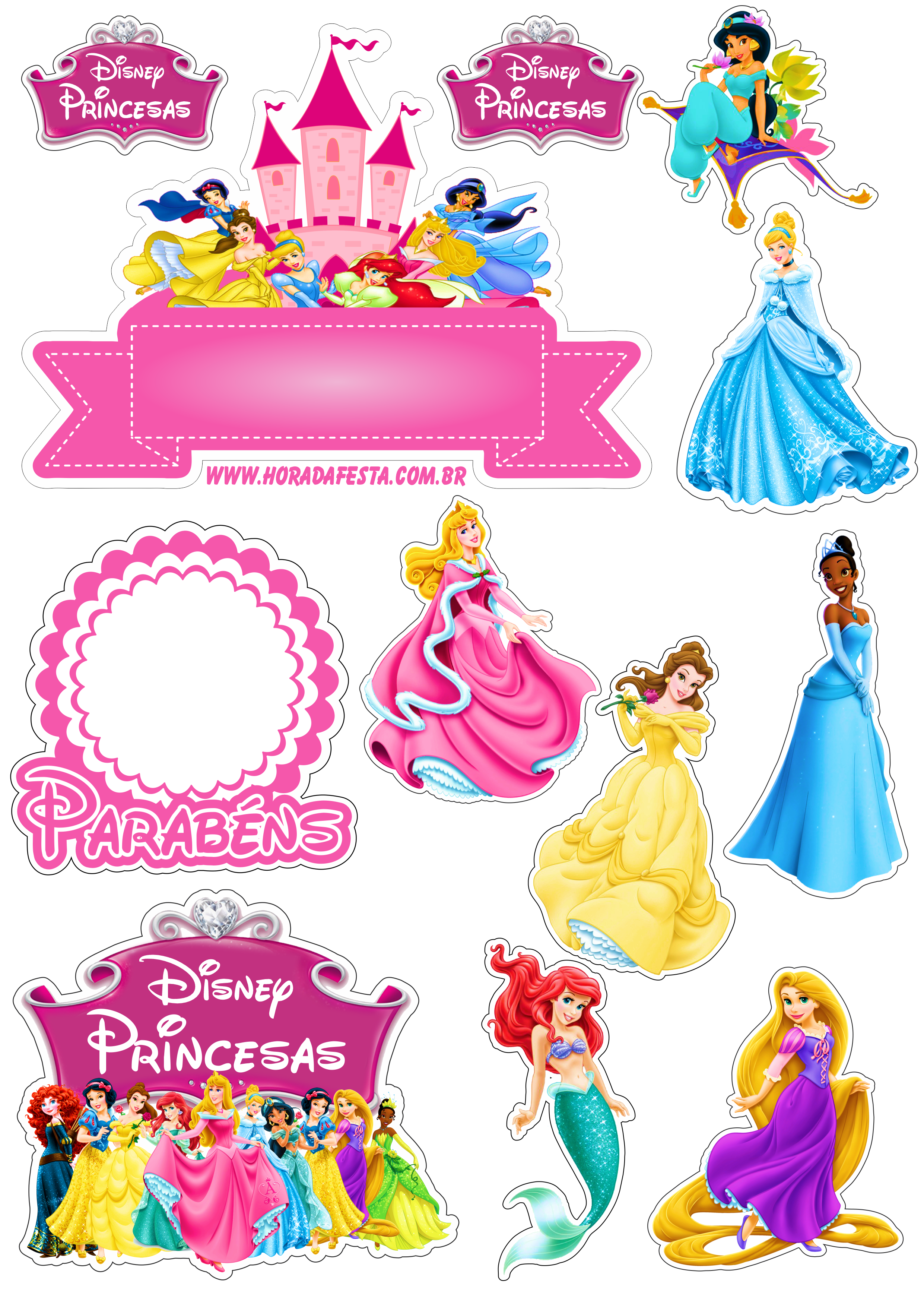 Topo de bolo para imprimir princesas disney animação infantil festa de aniversário rosa parabéns designe grátis png