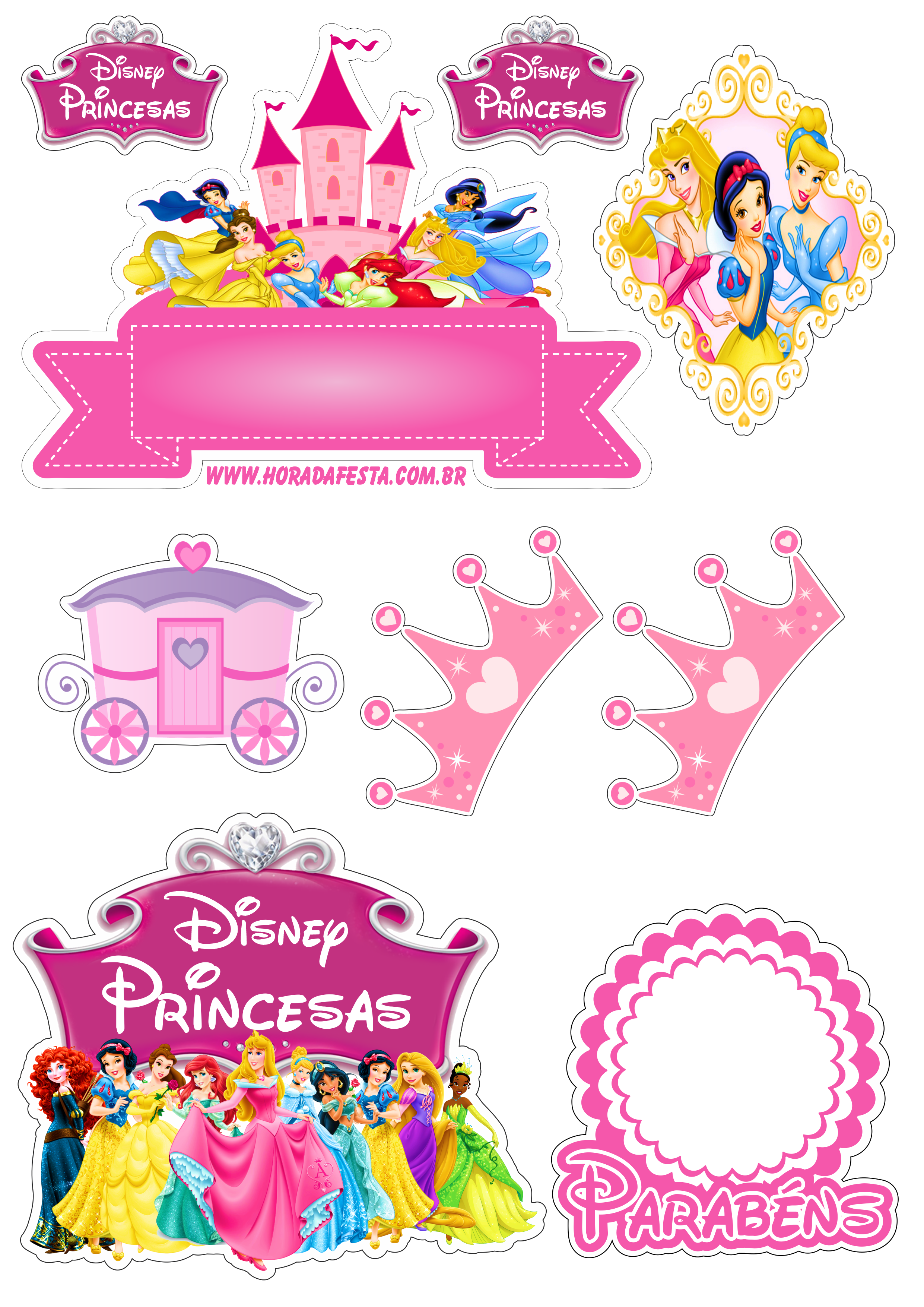 Topo de bolo para imprimir princesas disney animação infantil festa de aniversário rosa parabéns castelo coroa e carruagem png