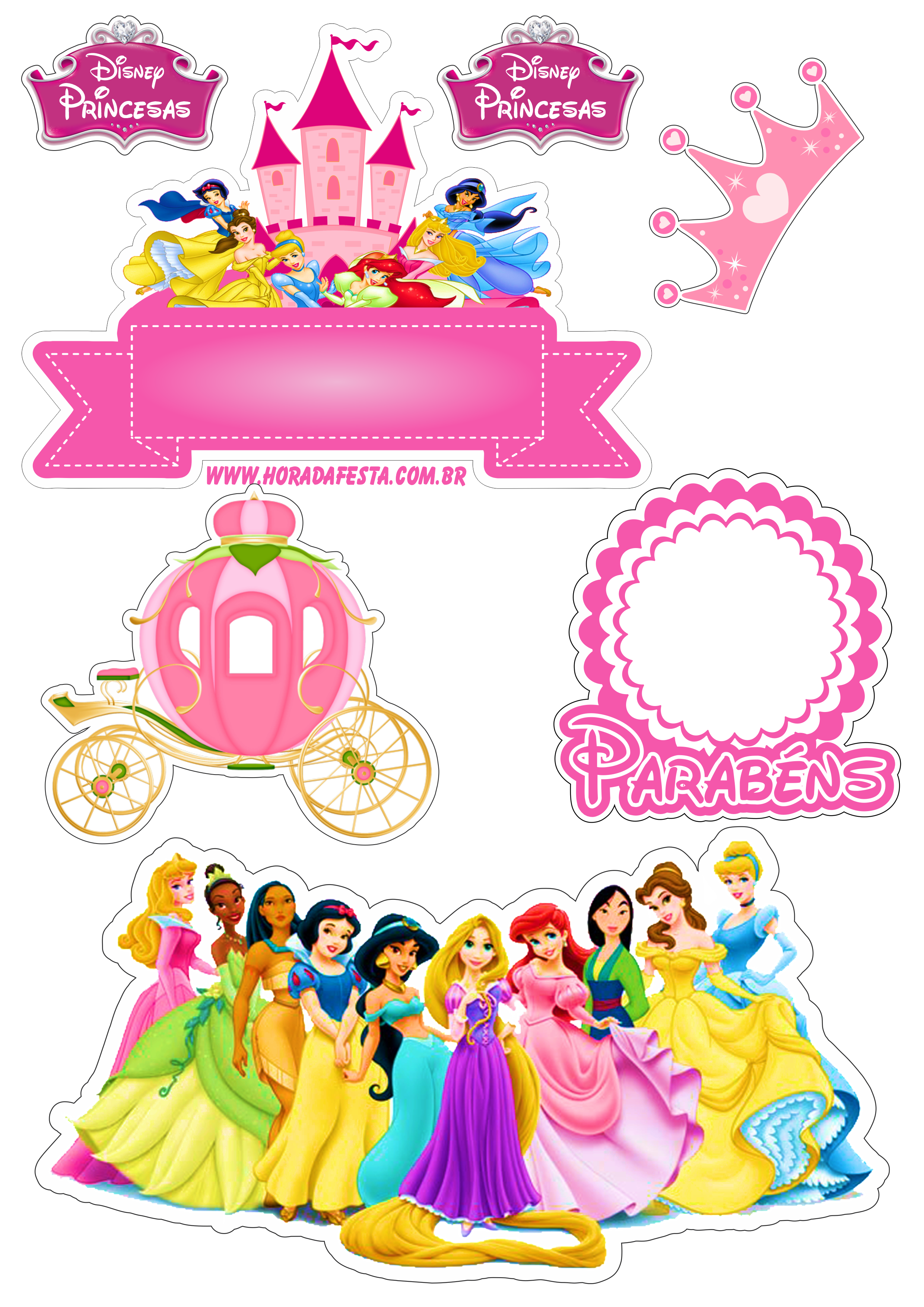 Topo de bolo para imprimir princesas disney animação infantil festa de aniversário rosa parabéns castelo coroa e carruagem design png