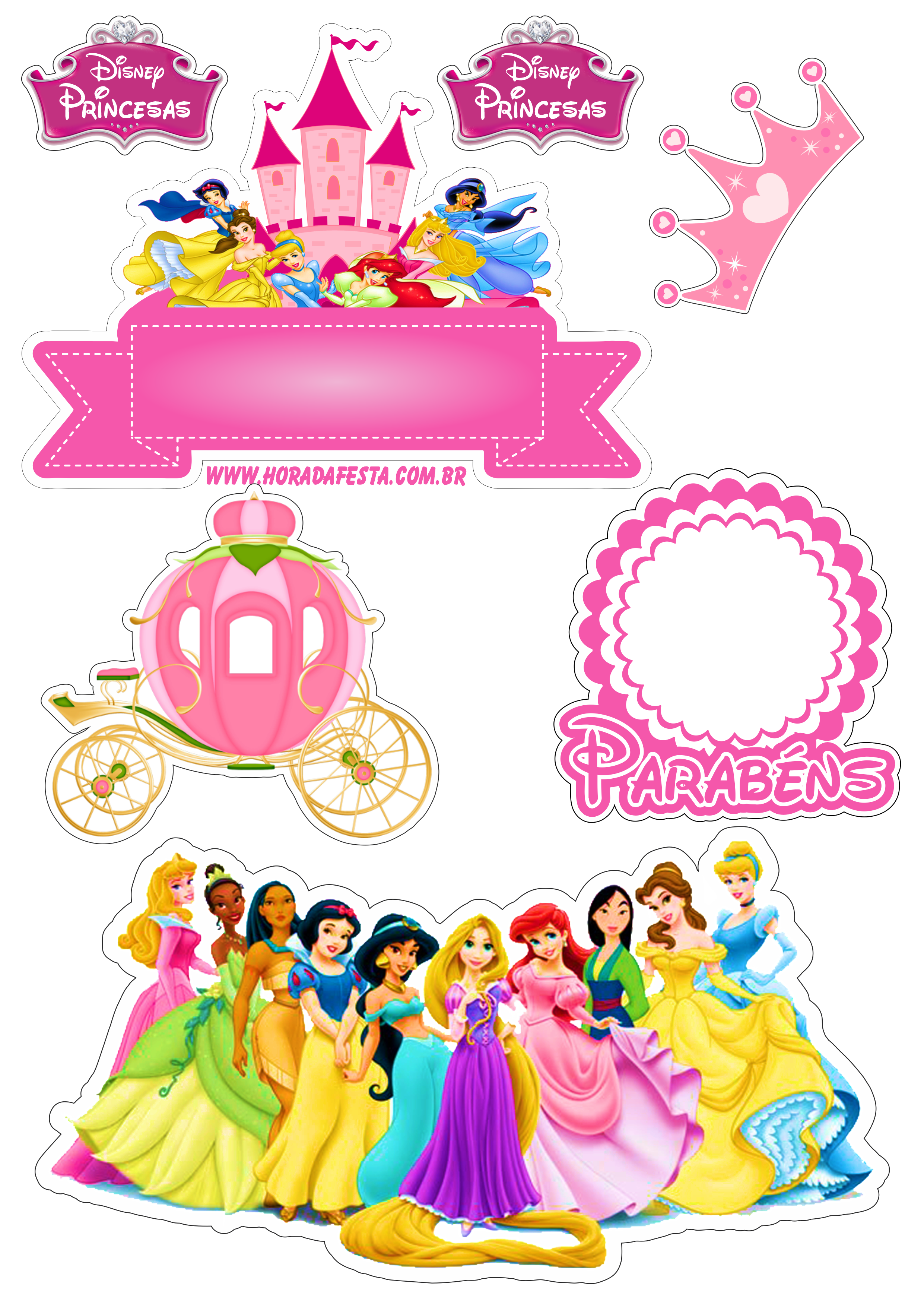 Topo de bolo para imprimir princesas disney animação infantil festa de  aniversário rosa parabéns castelo coroa e carruagem png