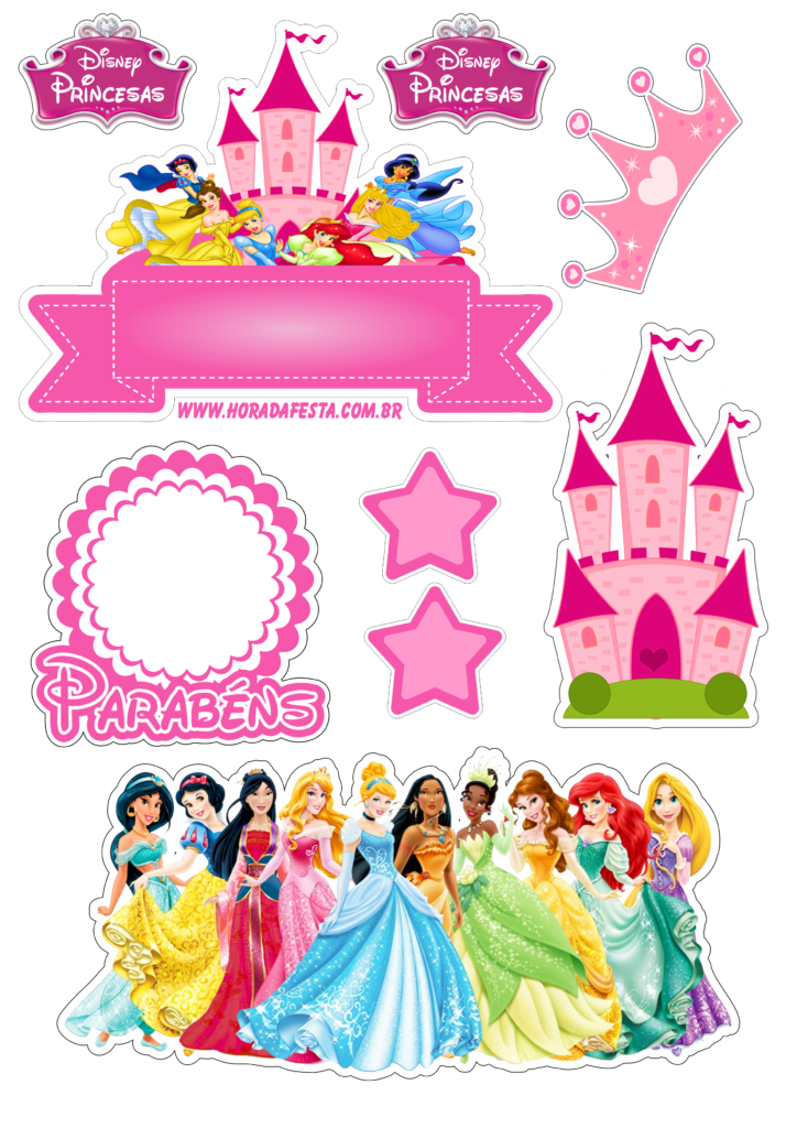 Topo de bolo para imprimir princesas disney animação infantil festa de  aniversário rosa parabéns castelo coroa e estrelas png