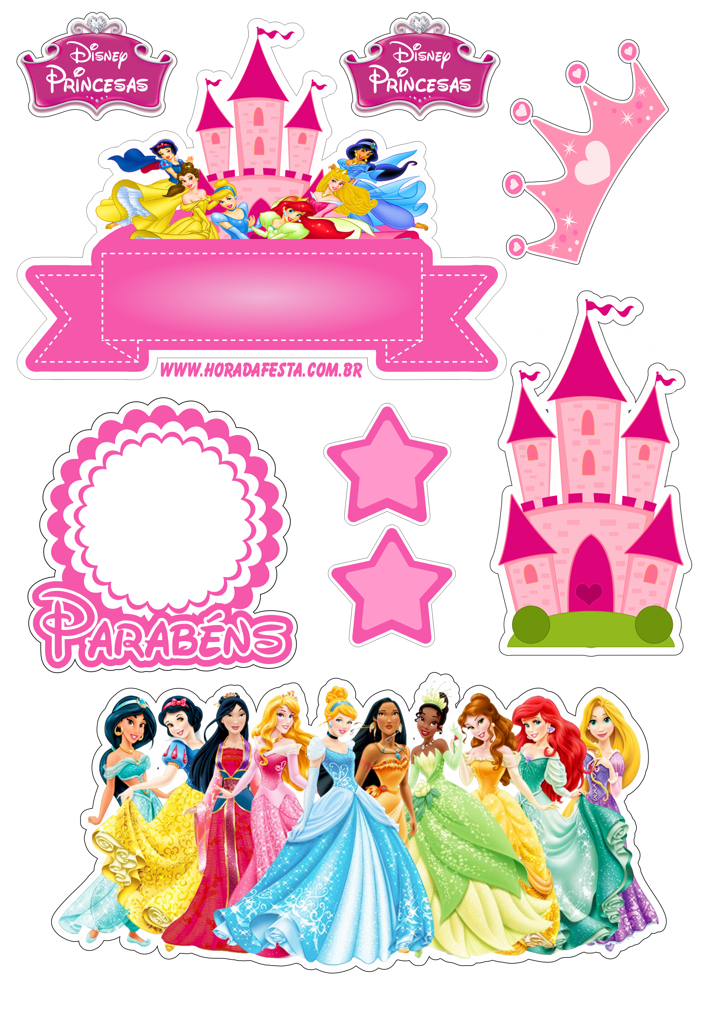 Topo de bolo para imprimir princesas disney animação infantil festa de aniversário rosa parabéns castelo coroa e estrelas png