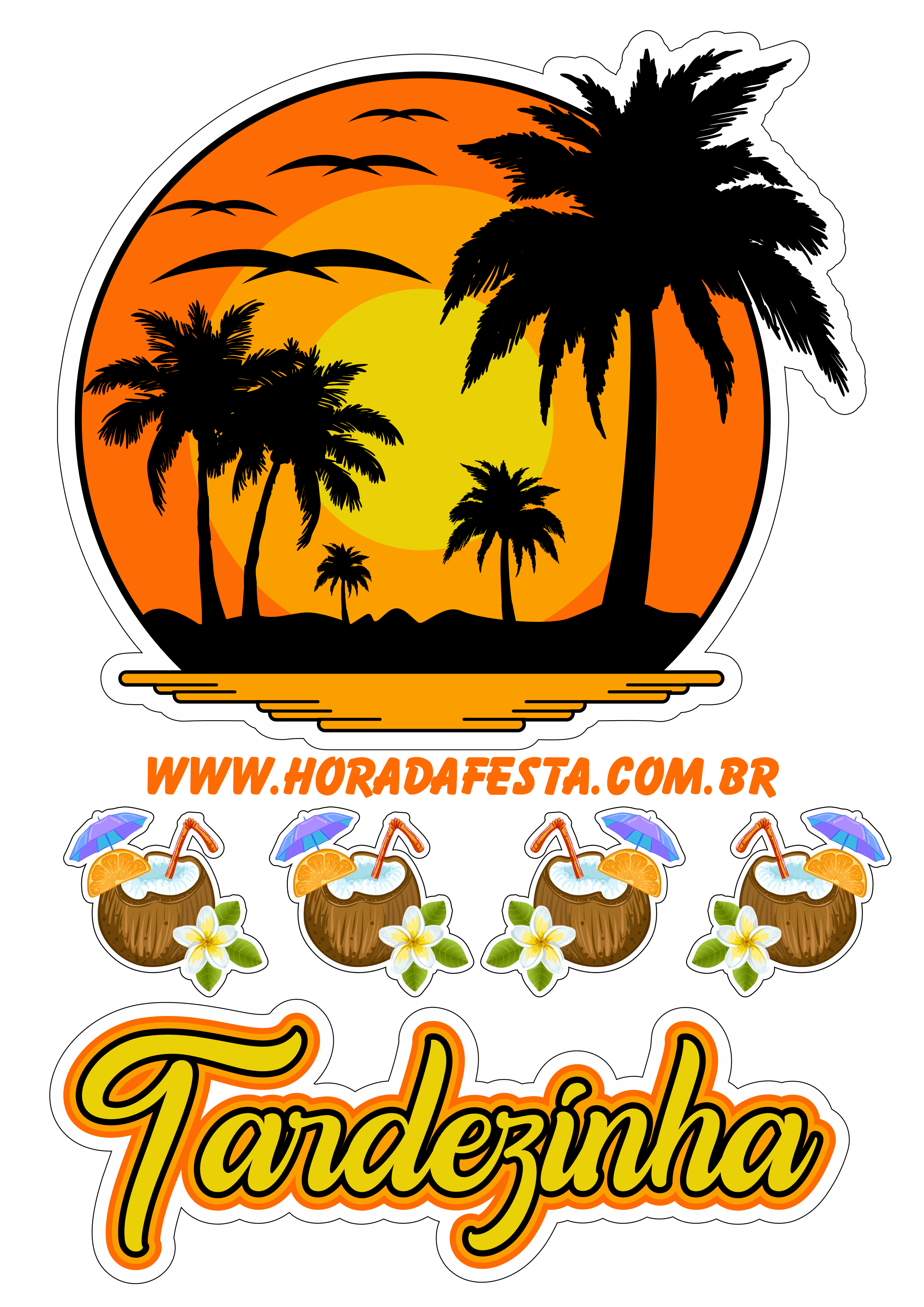 Topo de bolo para imprimir Tardezinha tropical festa temática aniversário água de coco praia png