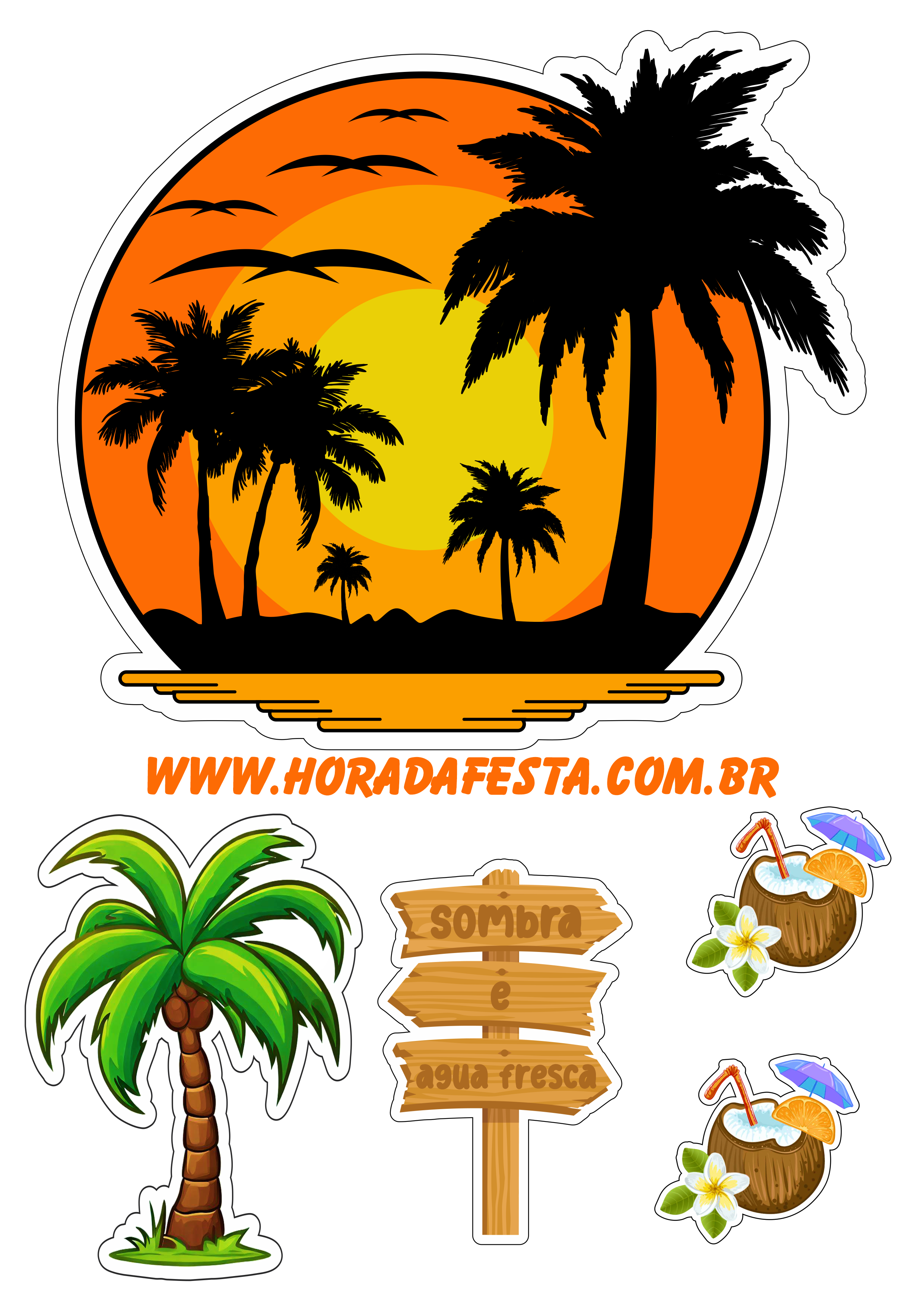 Topo de bolo para imprimir Tardezinha tropical festa temática aniversário coqueiro pôr do sol praia png