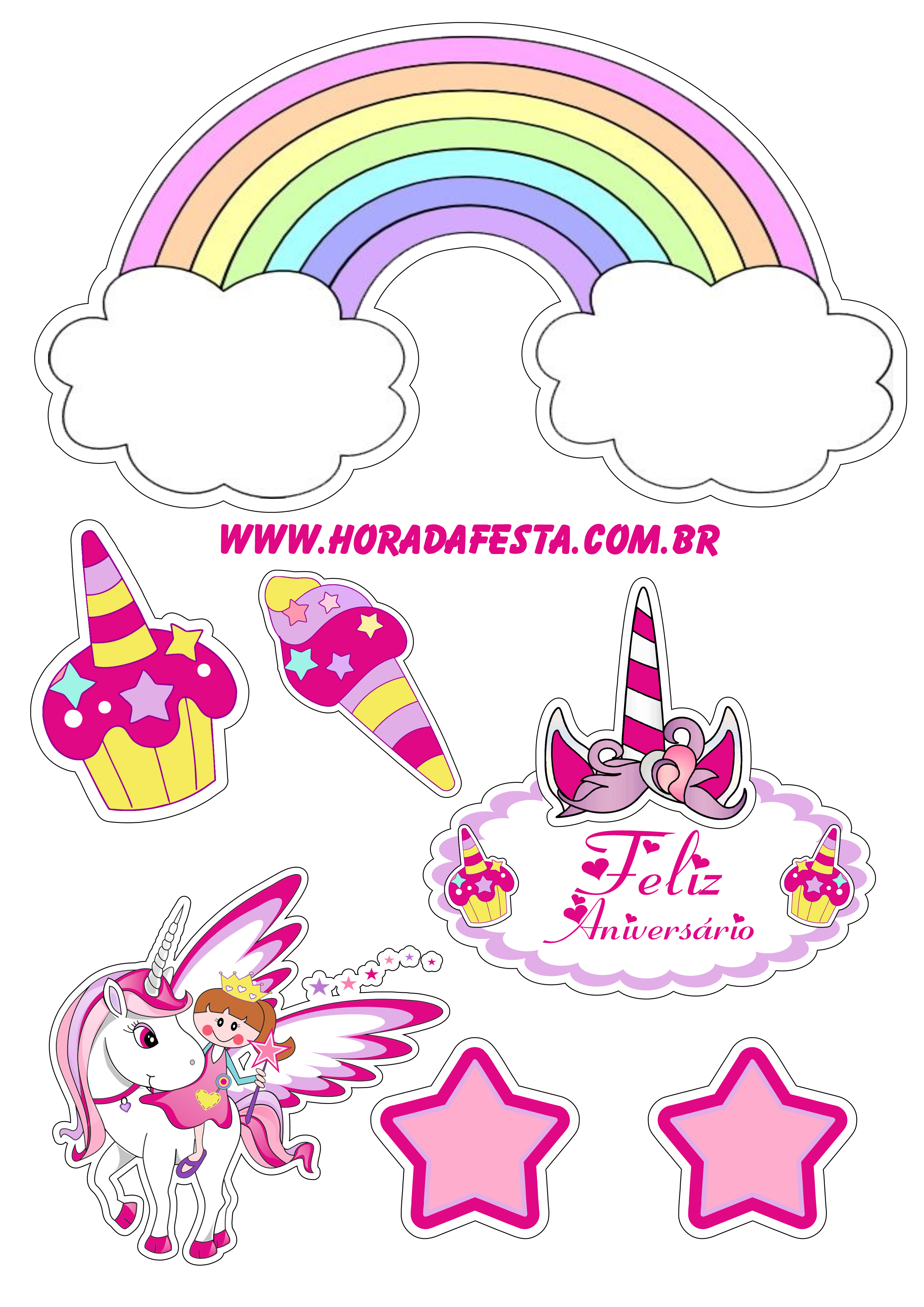 Topo de bolo para baixar unicórnio rosa chuva de amor arco-iris festa de aniversário menina pronto para imprimir png