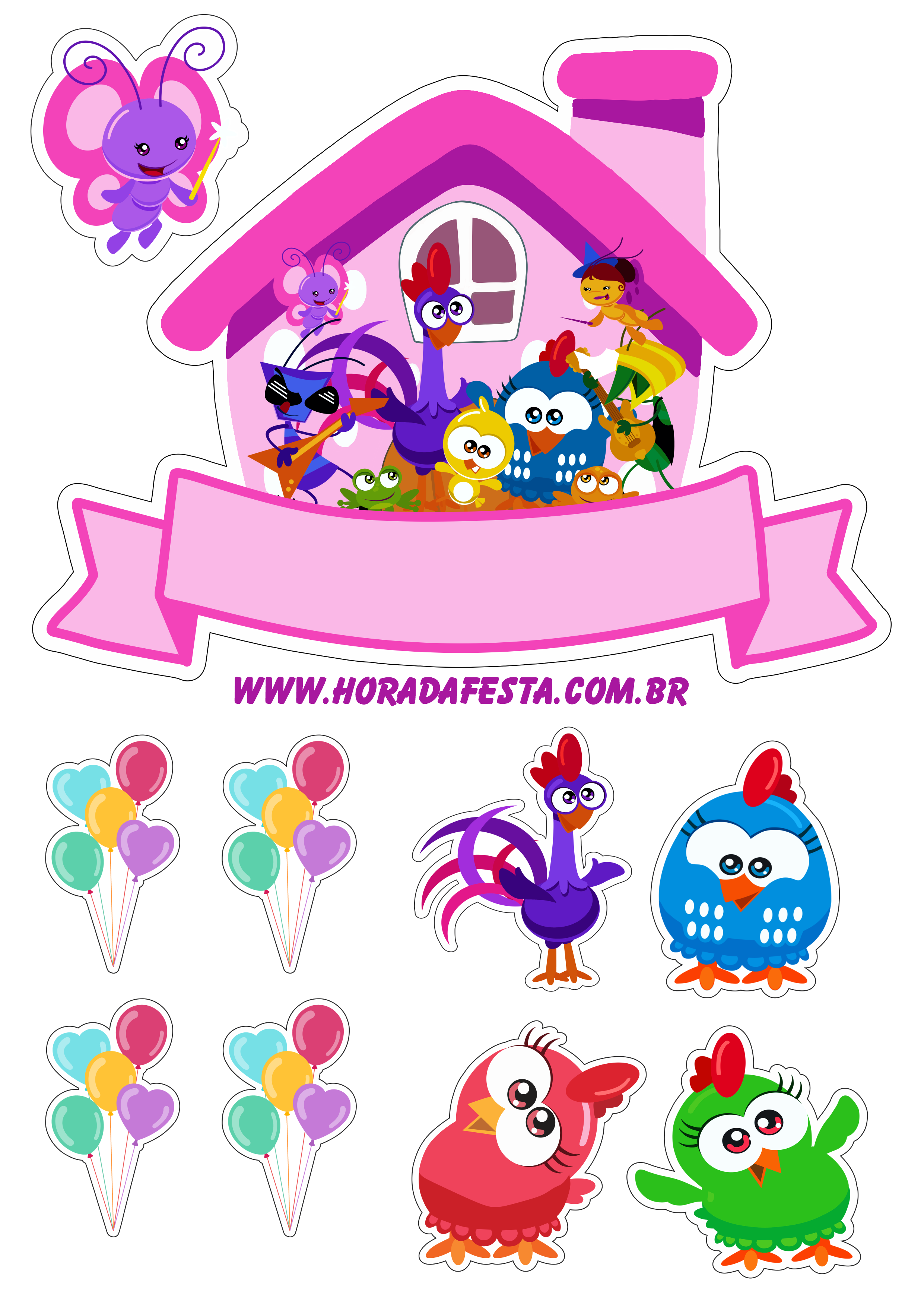 Topo de bolo rosa galinha pintadinha aniversário infantil artigos de papelaria decoração de festa png