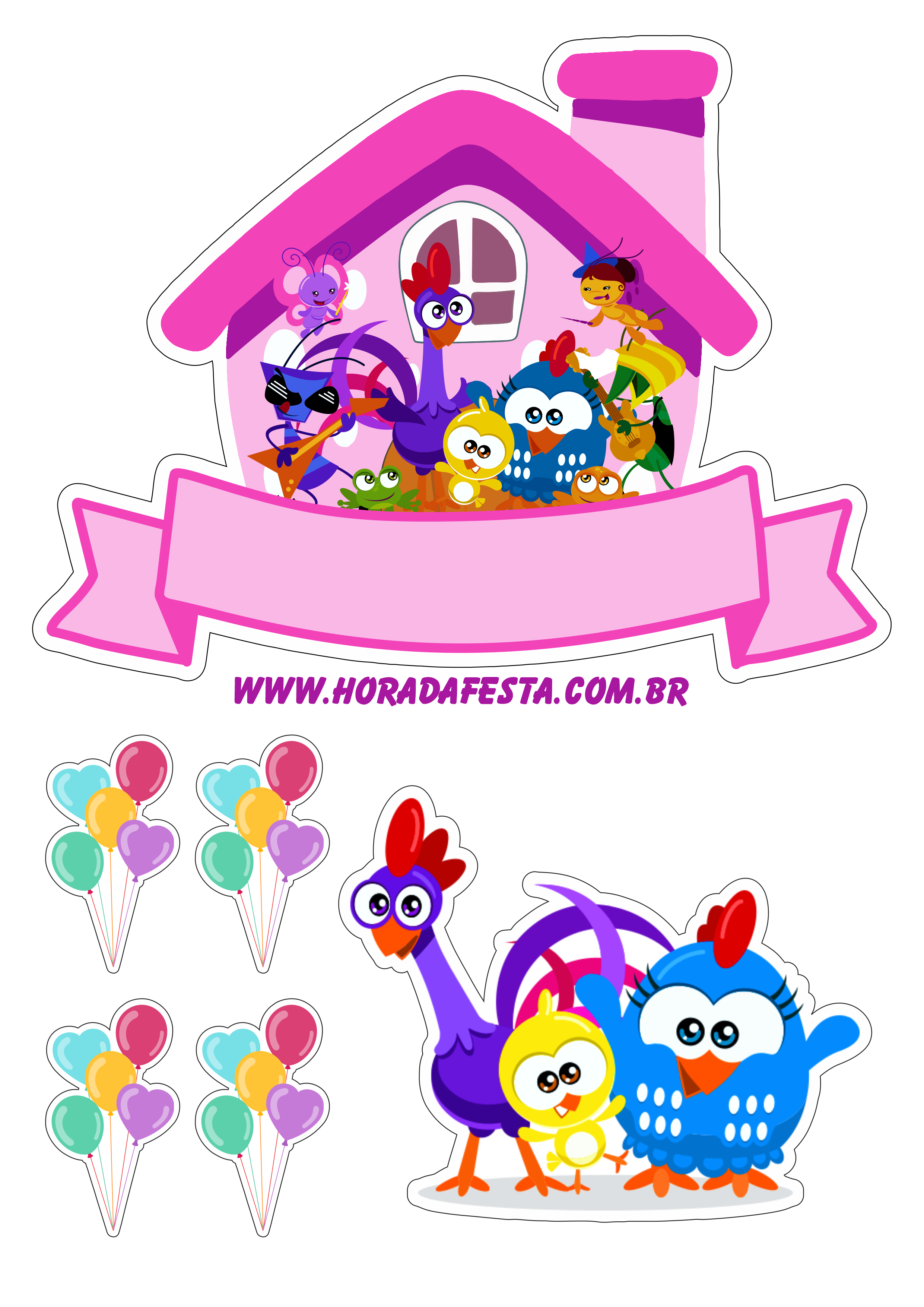 Topo de bolo rosa galinha pintadinha aniversário infantil artigos de papelaria decoração de festa artes gráficas png