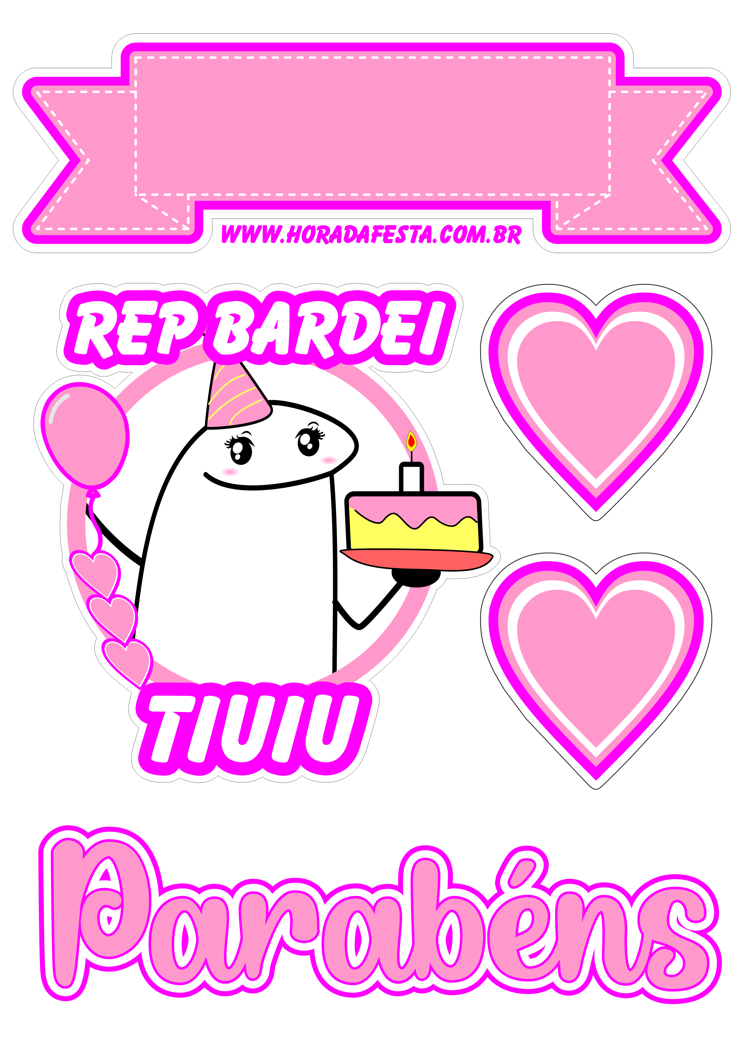 Topo de bolo para imprimir flork of cows rep bardei tiuiu figurinha engraçada festa aniversário rosa corações parabéns png