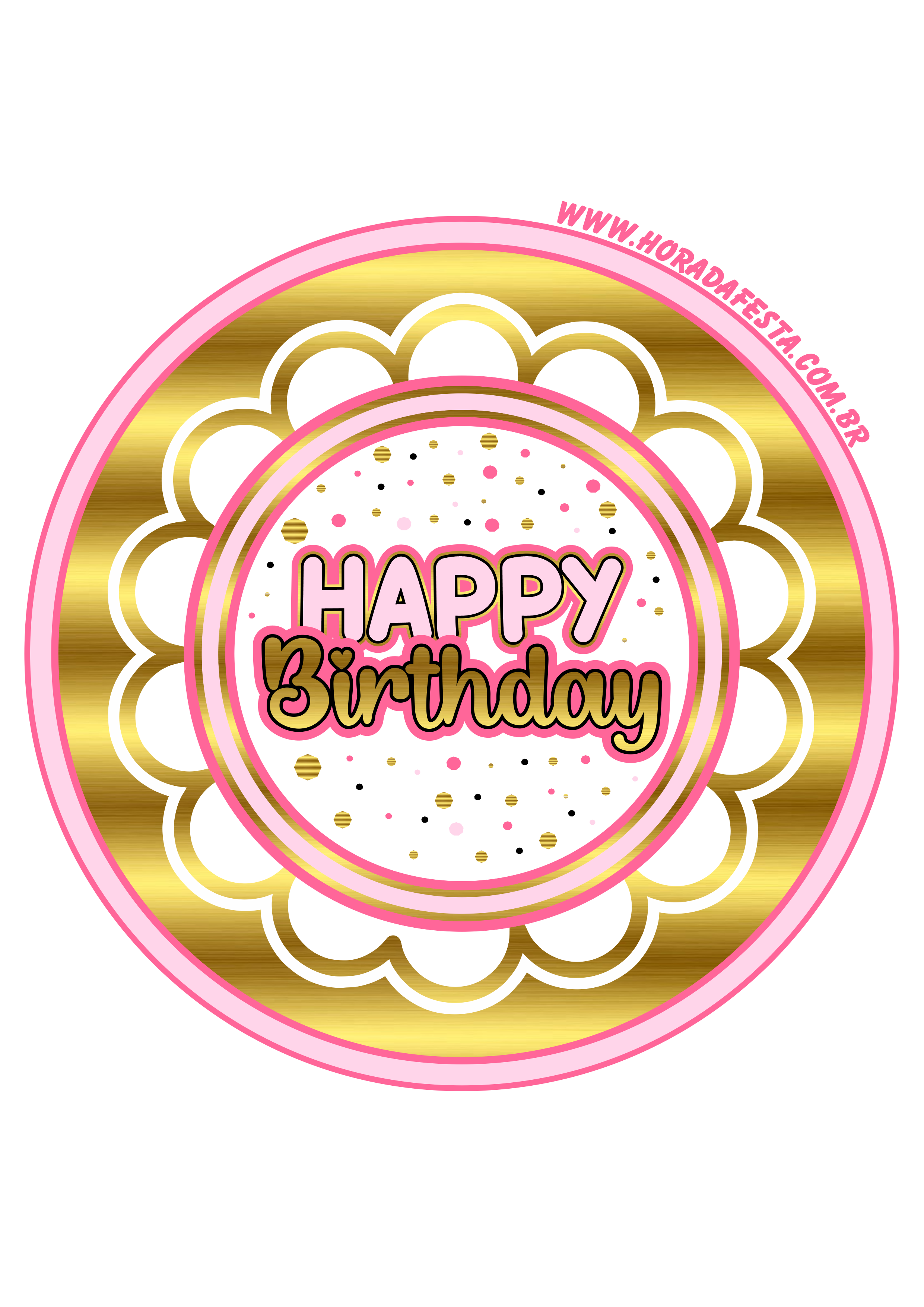 Happy Birthday adesivo tag sticker painel dourado com rosa decoração de festa de aniversário png
