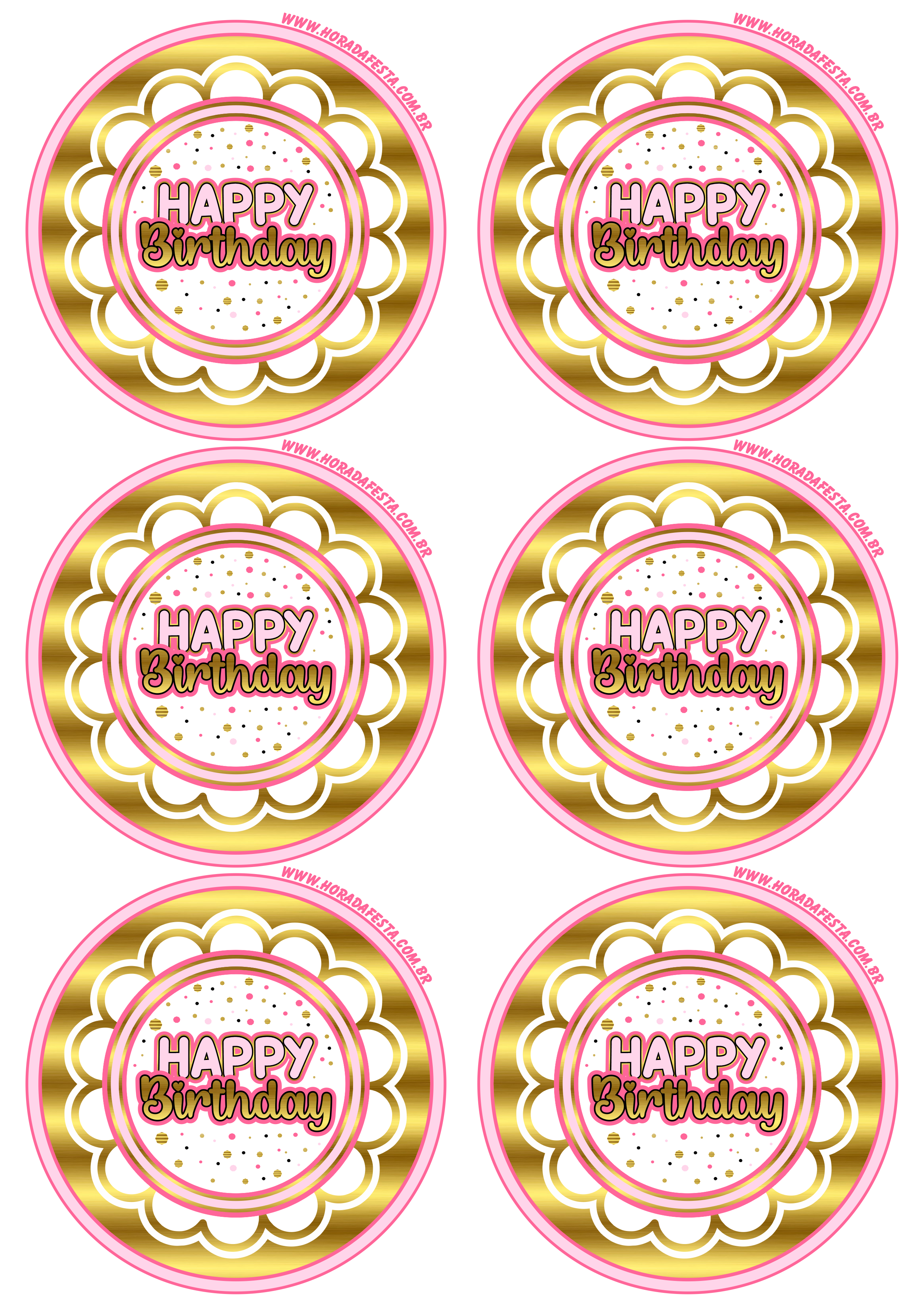 Happy Birthday adesivo tag sticker dourado com rosa decoração de festa de aniversário 6 imagens png
