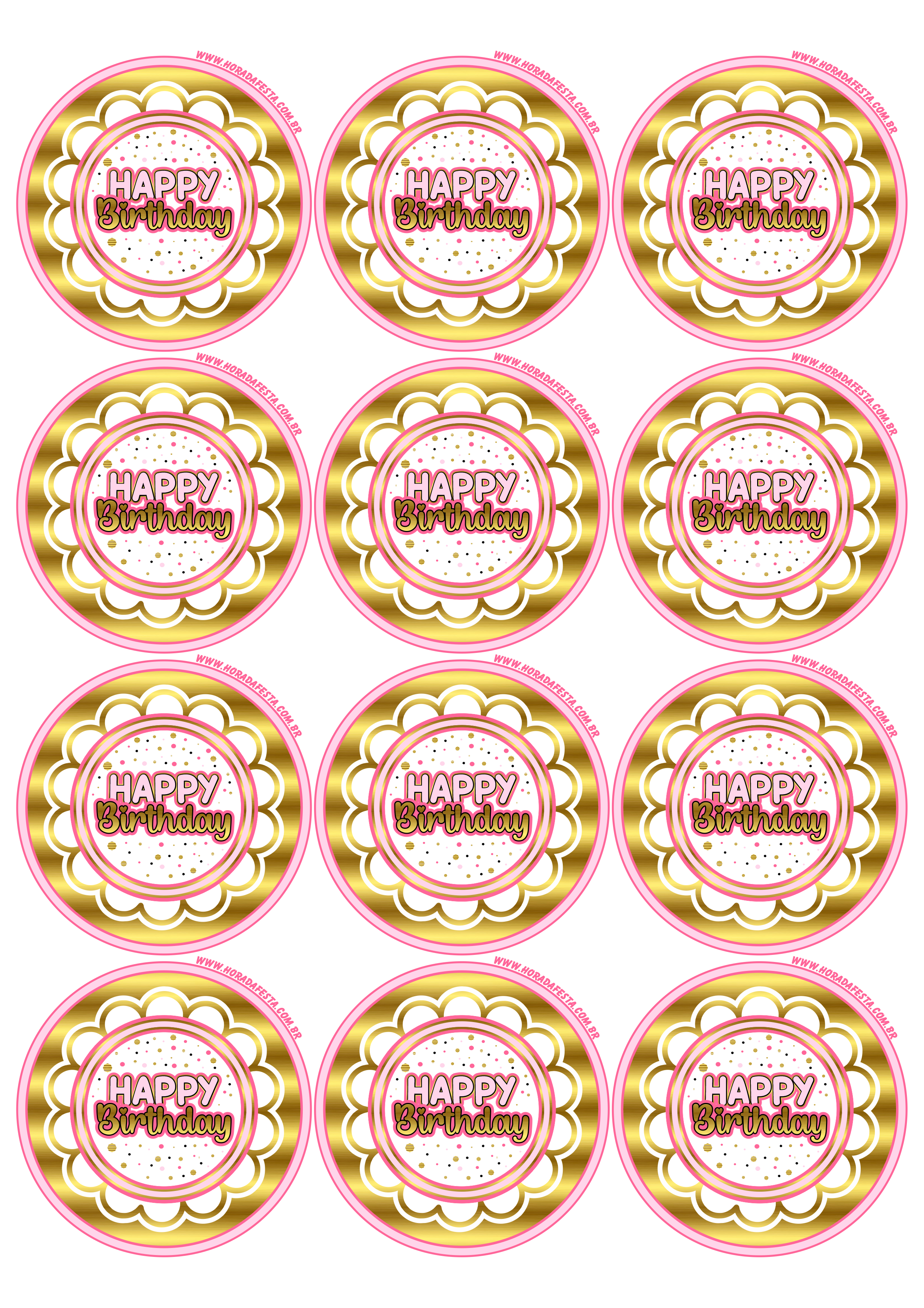 Happy Birthday adesivo tag sticker dourado com rosa decoração de festa de aniversário 12 imagens png