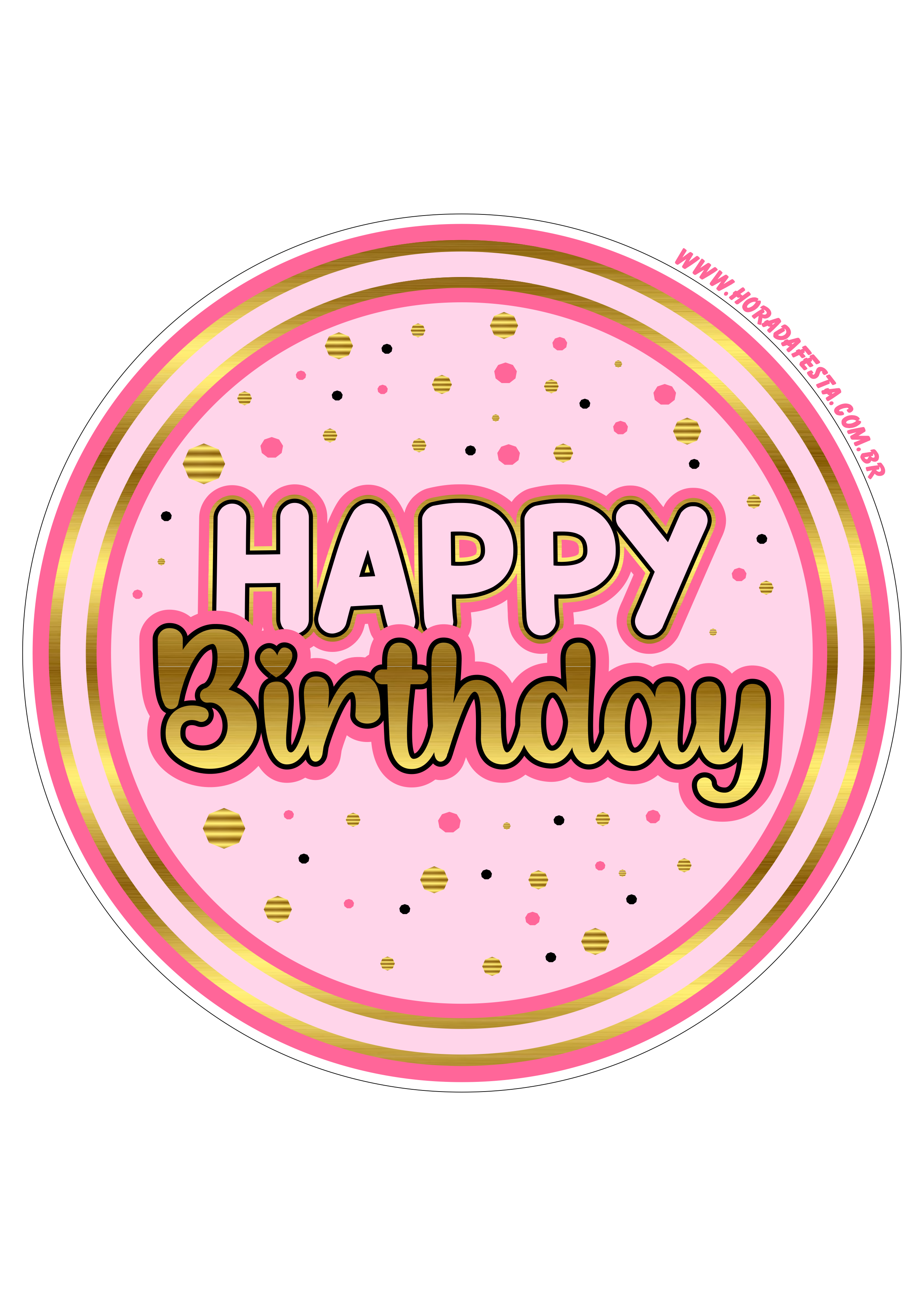 Happy Birthday adesivo tag sticker painel dourado com rosa decoração de festa de aniversário personalizados png