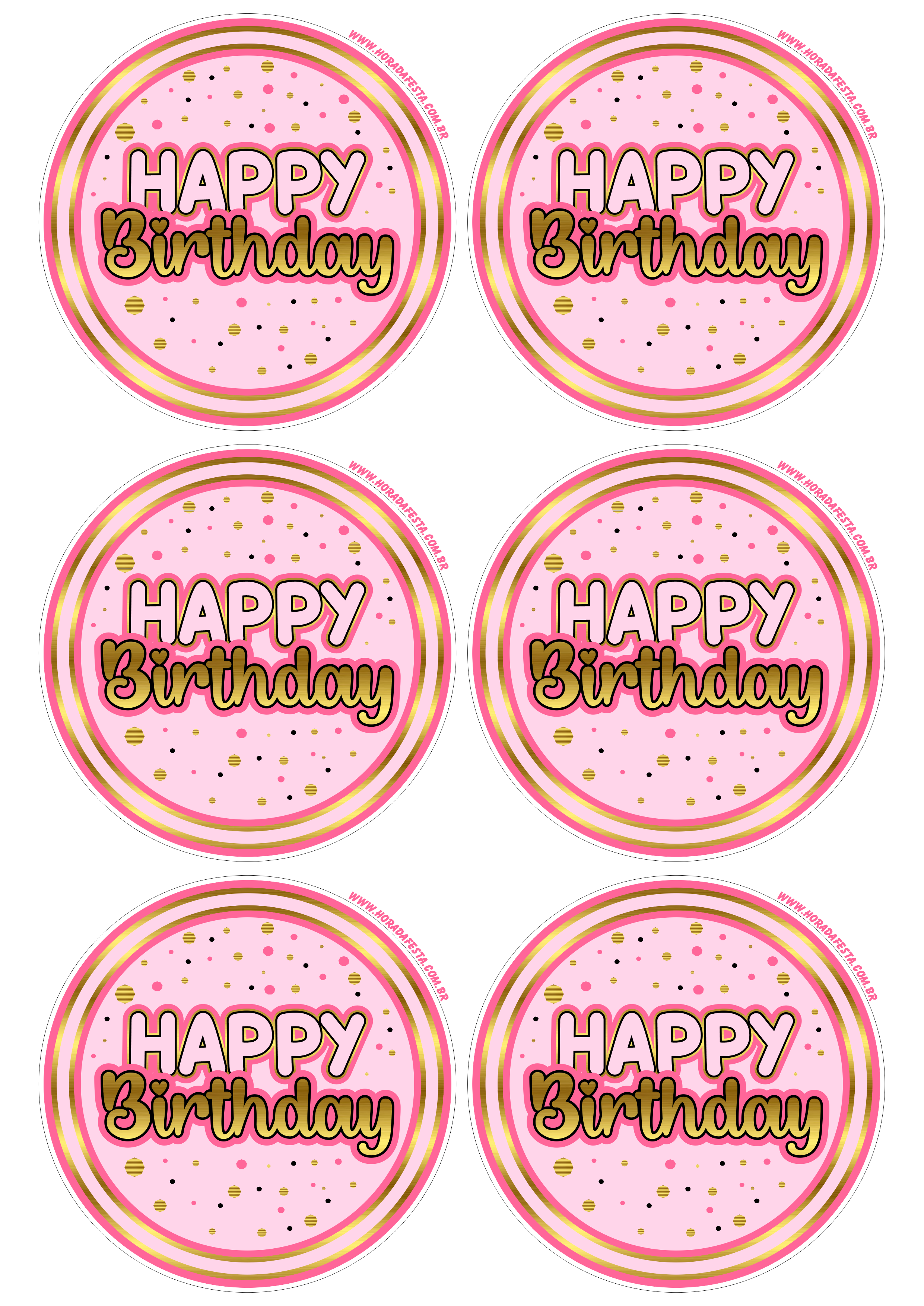 Happy Birthday adesivo tag sticker painel dourado com rosa decoração de festa de aniversário personalizados 6 imagens png