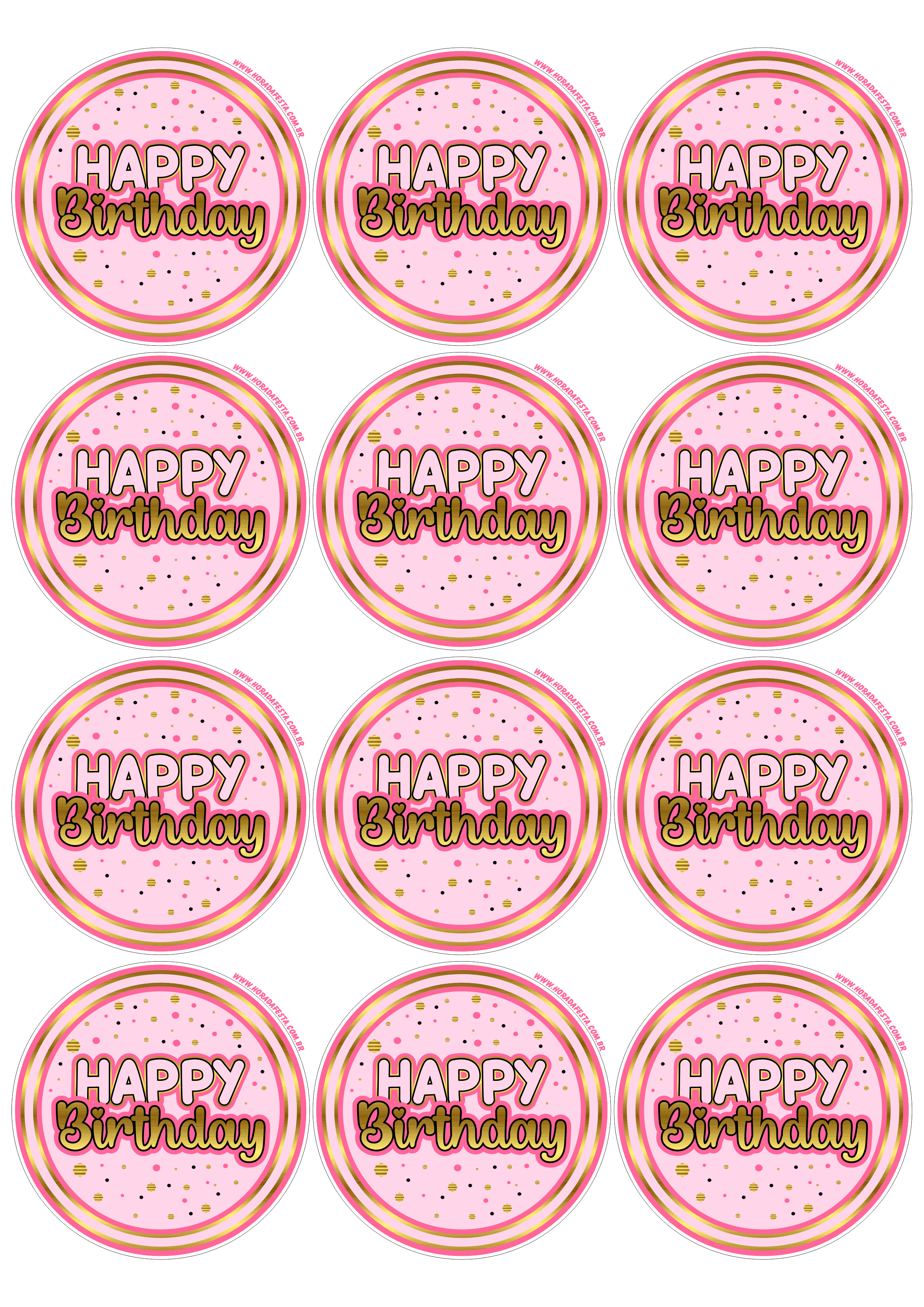 Happy Birthday adesivo tag sticker painel dourado com rosa decoração de festa de aniversário personalizados 12 imagens png