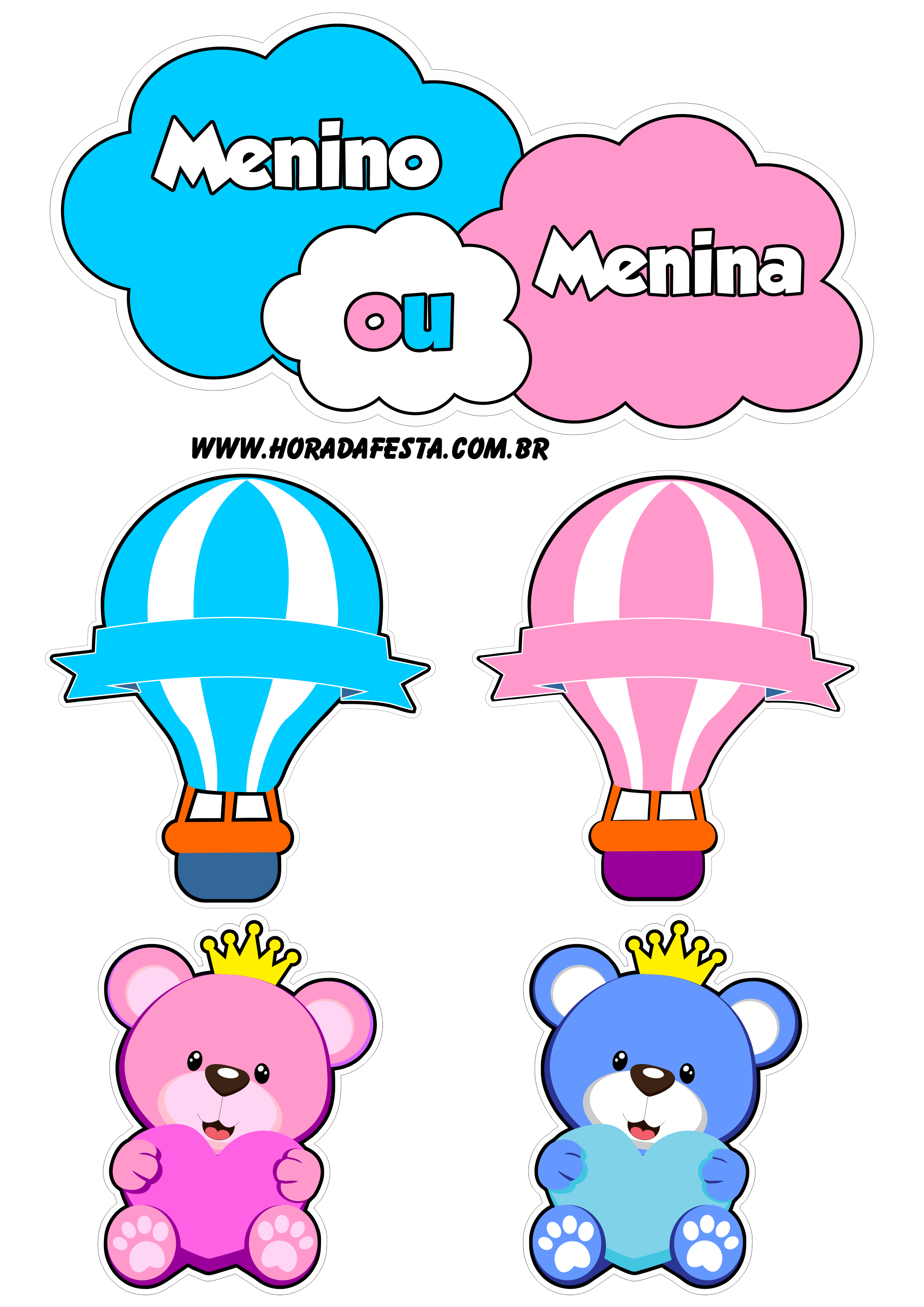 Topo de bolo Chá de revelação menino ou menina? balões e ursinhos rosa e azul png