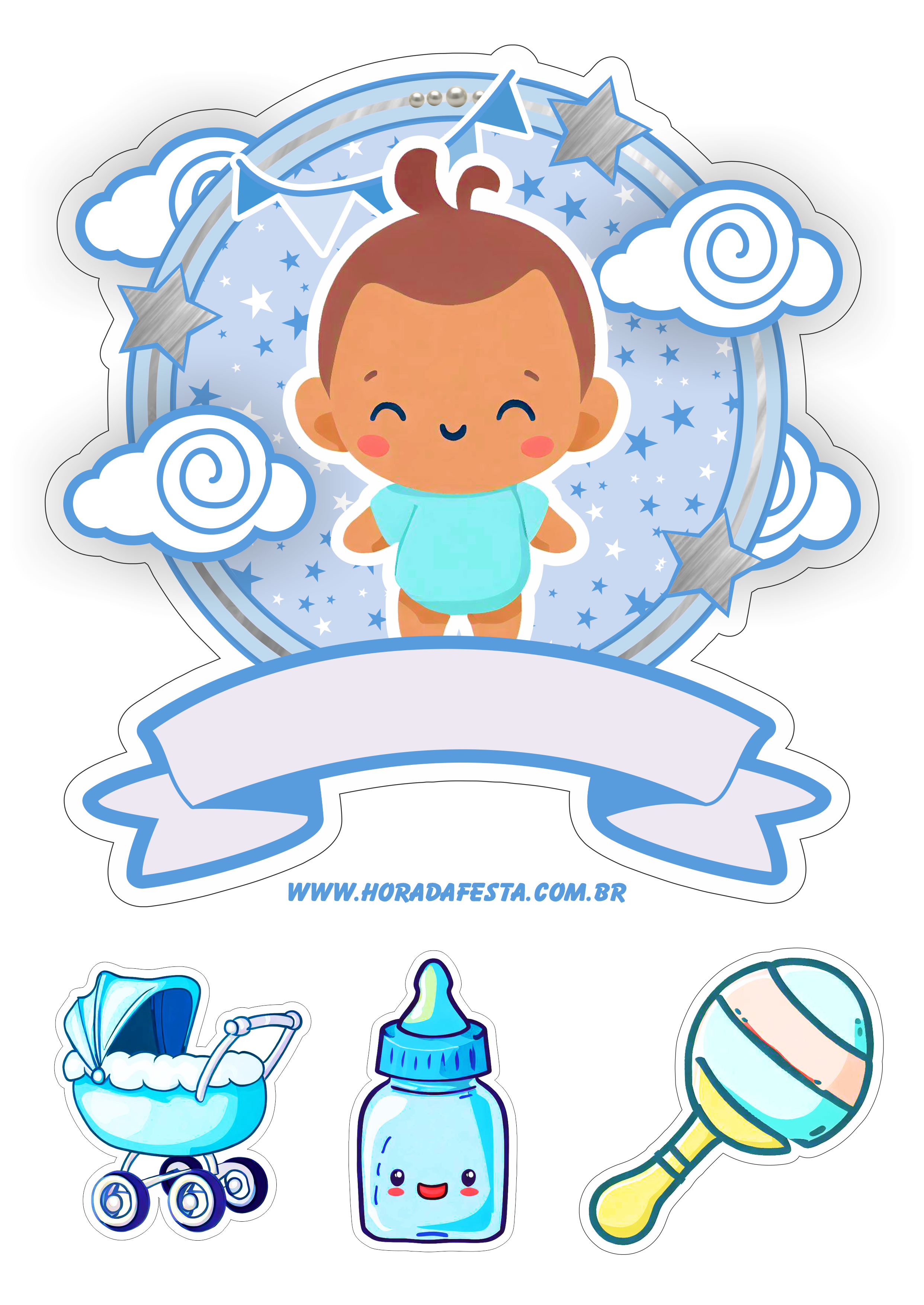 Topo de bolo mesversário bebezinho azul infantil lindo e pronto para personalizar artigos de papelaria png