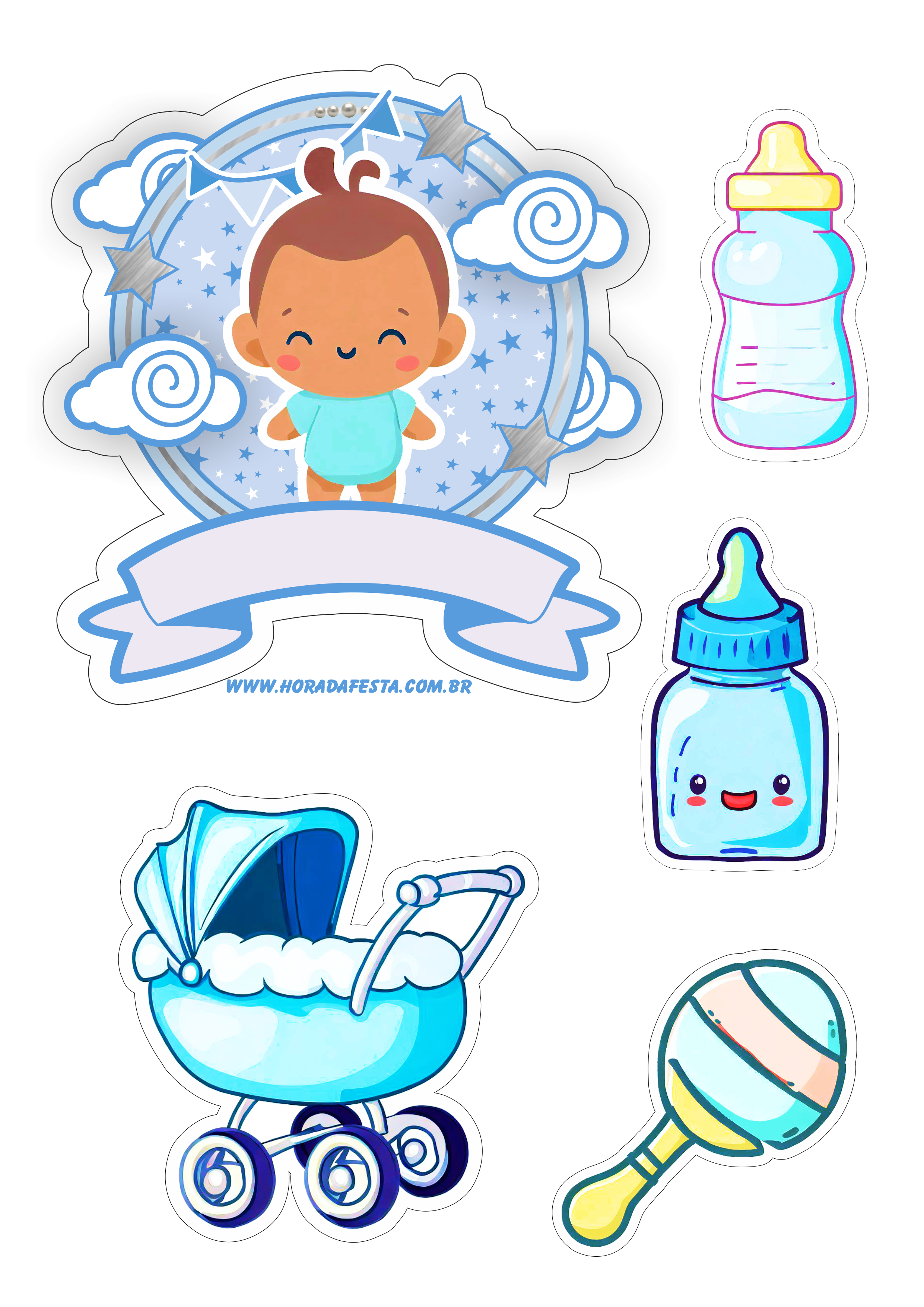 Topo de bolo mesversário bebezinho azul infantil lindo e pronto para personalizar artigos de papelaria carrinho de bebê mamadeira menino png