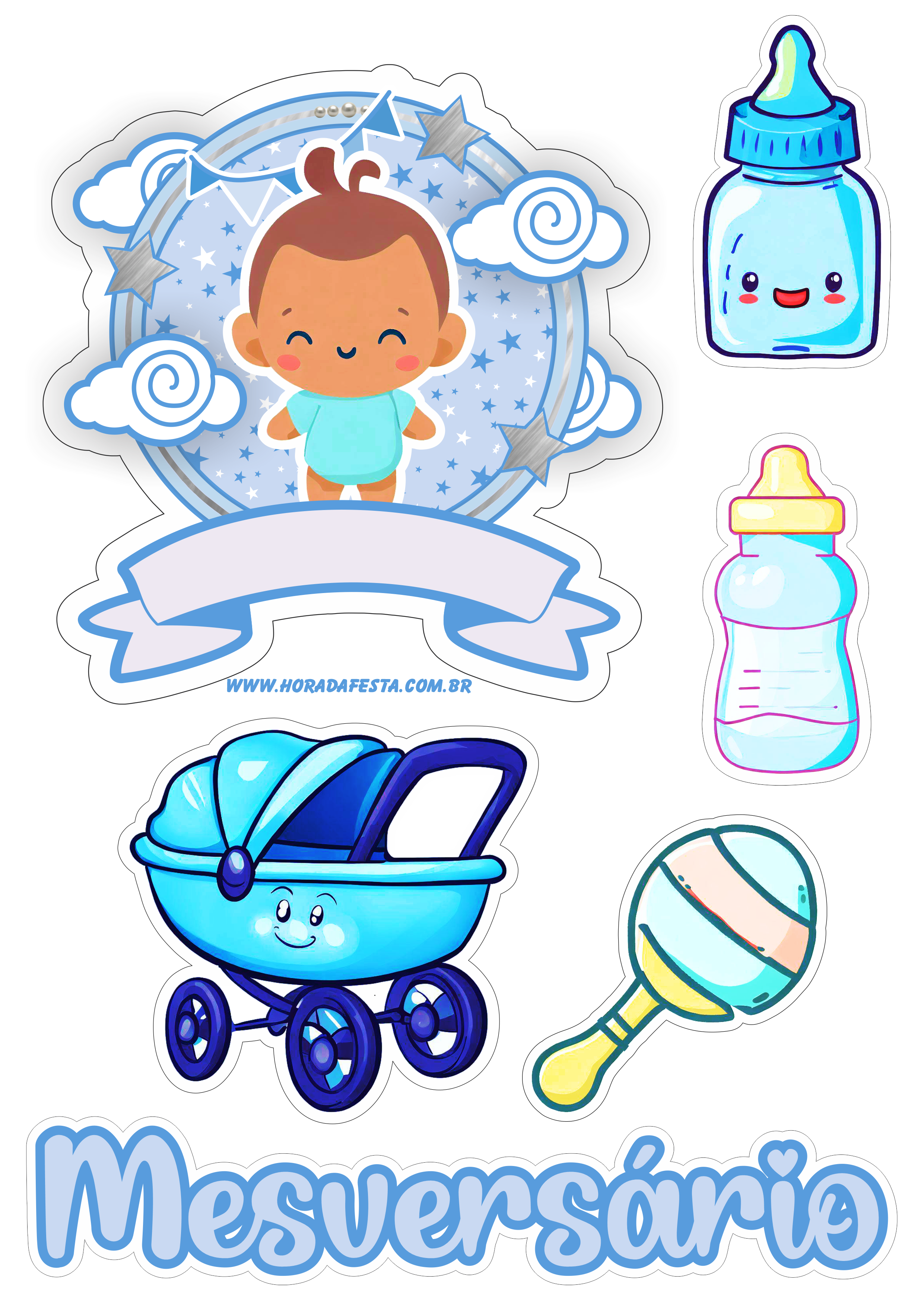 Topo de bolo mesversário bebezinho azul infantil lindo e pronto para personalizar artigos de papelaria carrinho de bebê mamadeira png