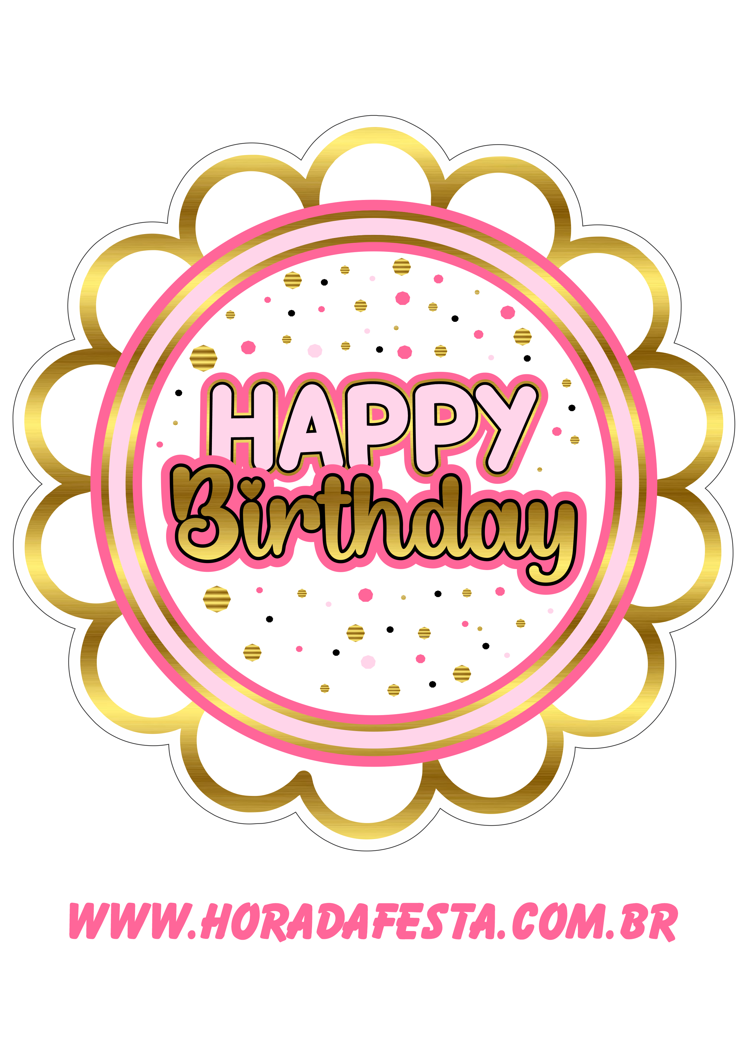 Happy birthday topo de bolo de aniversário dourado com rosa decoração de festa de aniversário png