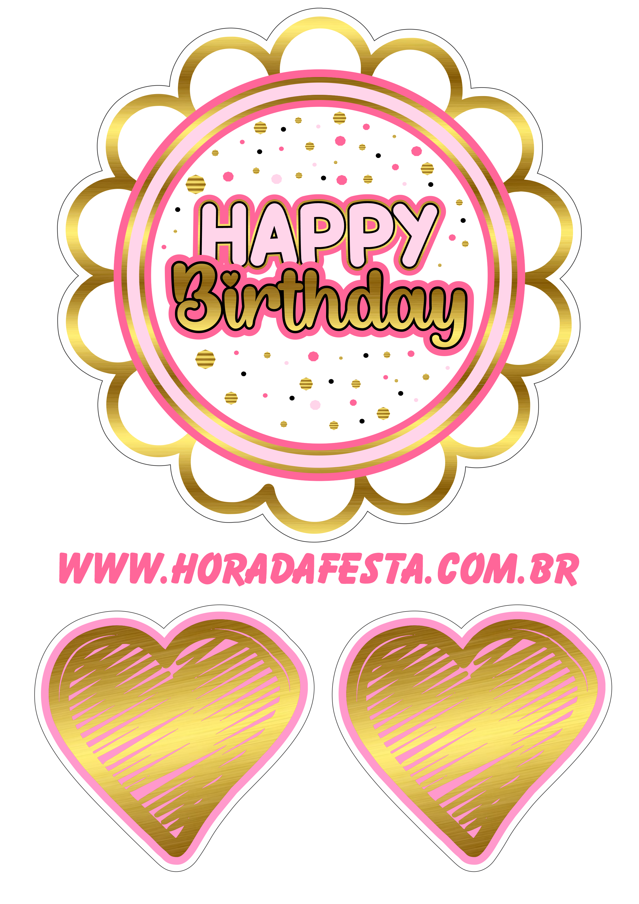 Happy birthday topo de bolo de aniversário dourado com rosa decoração de festa de aniversário artes gráficas png