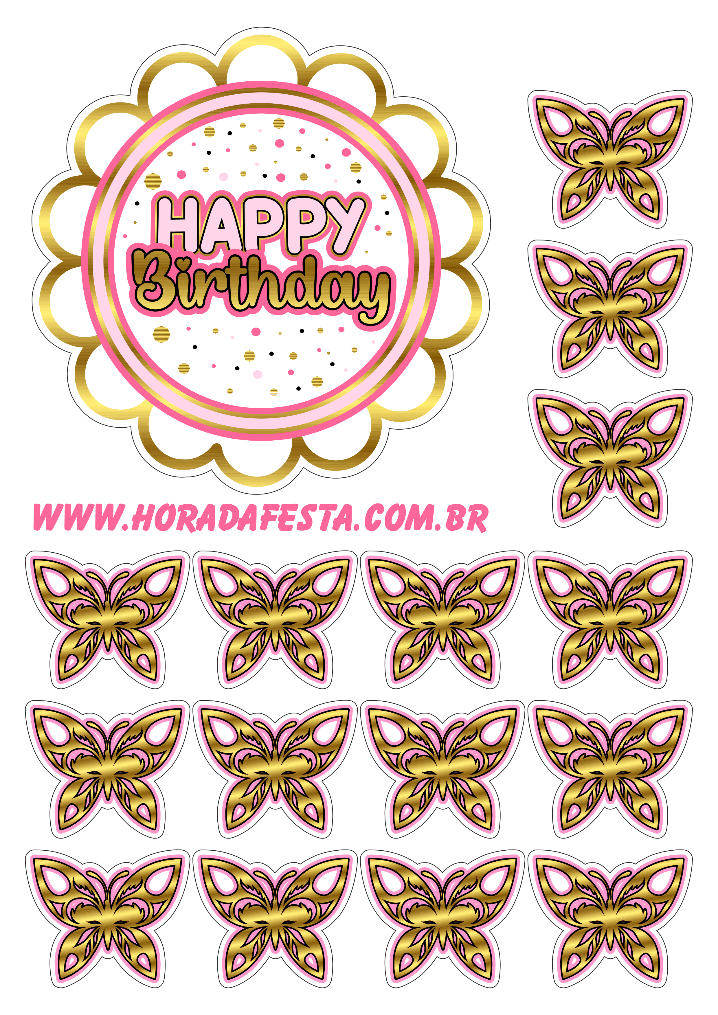 Happy birthday topo de bolo de aniversário dourado com rosa borboletas renda extra com festas e personalizados png