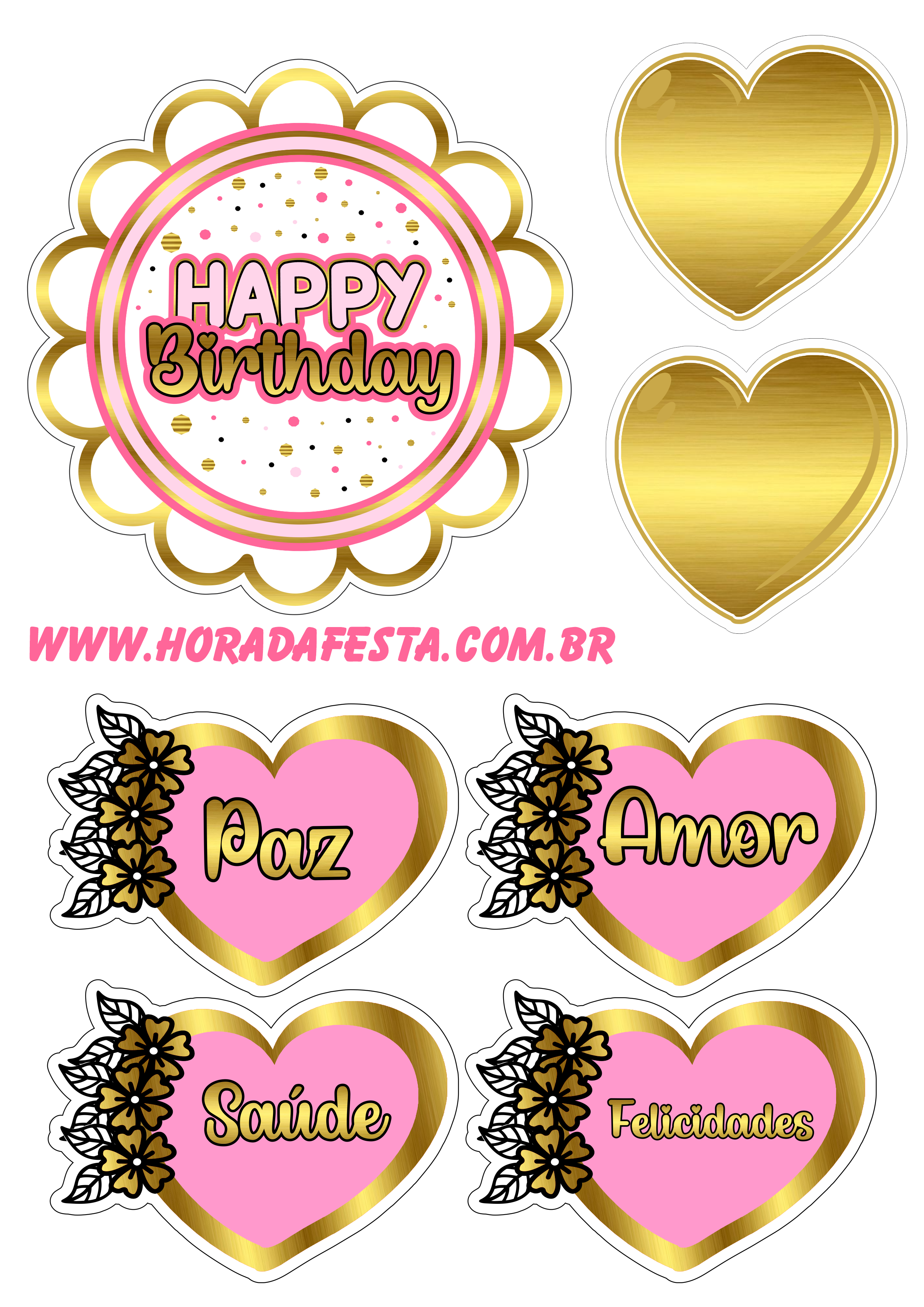 Happy birthday topo de bolo de aniversário dourado com rosa corações com frases renda extra com festas e personalizados png