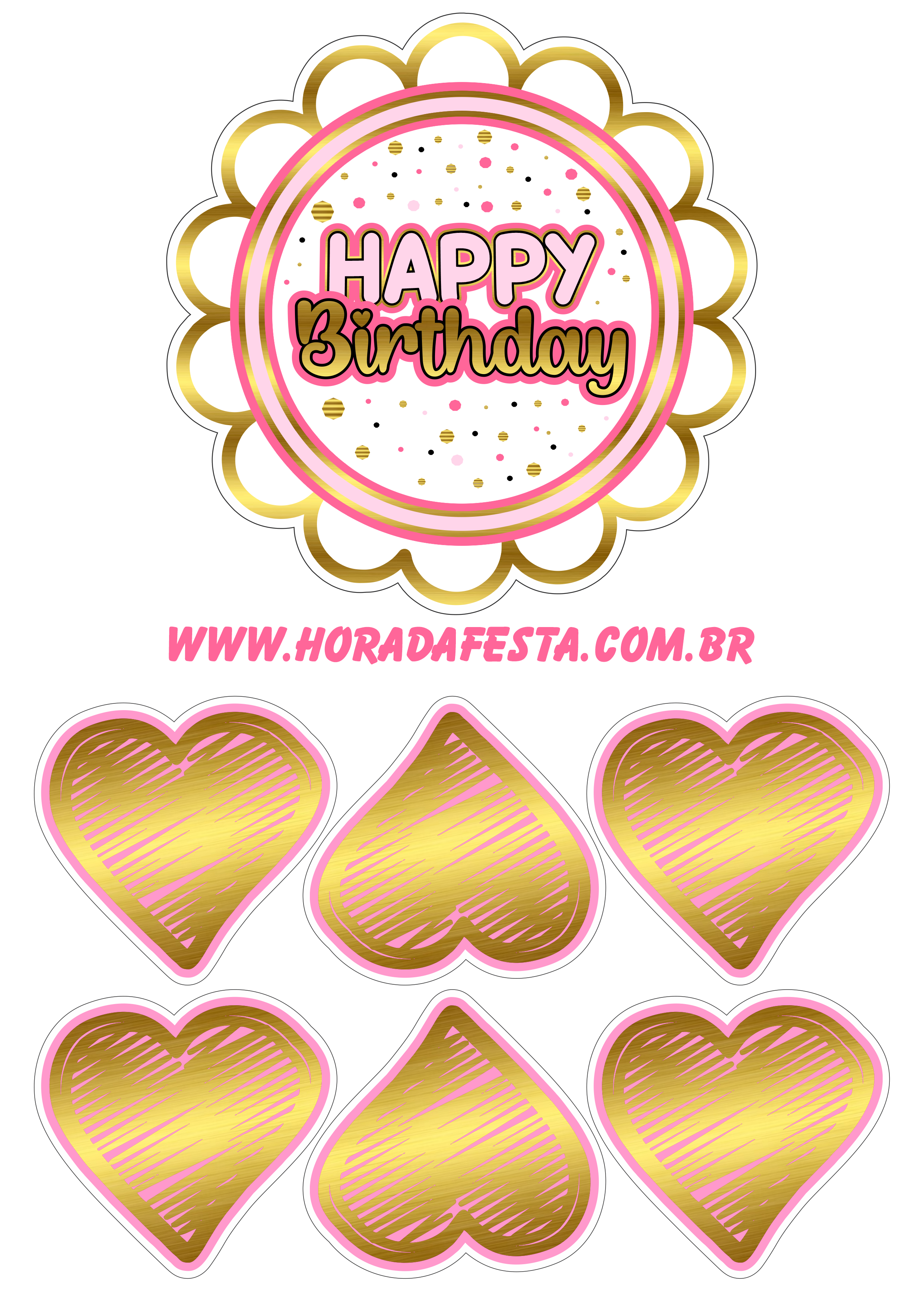 Happy birthday topo de bolo de aniversário dourado com rosa decoração de festa de aniversário artes gráficas design png