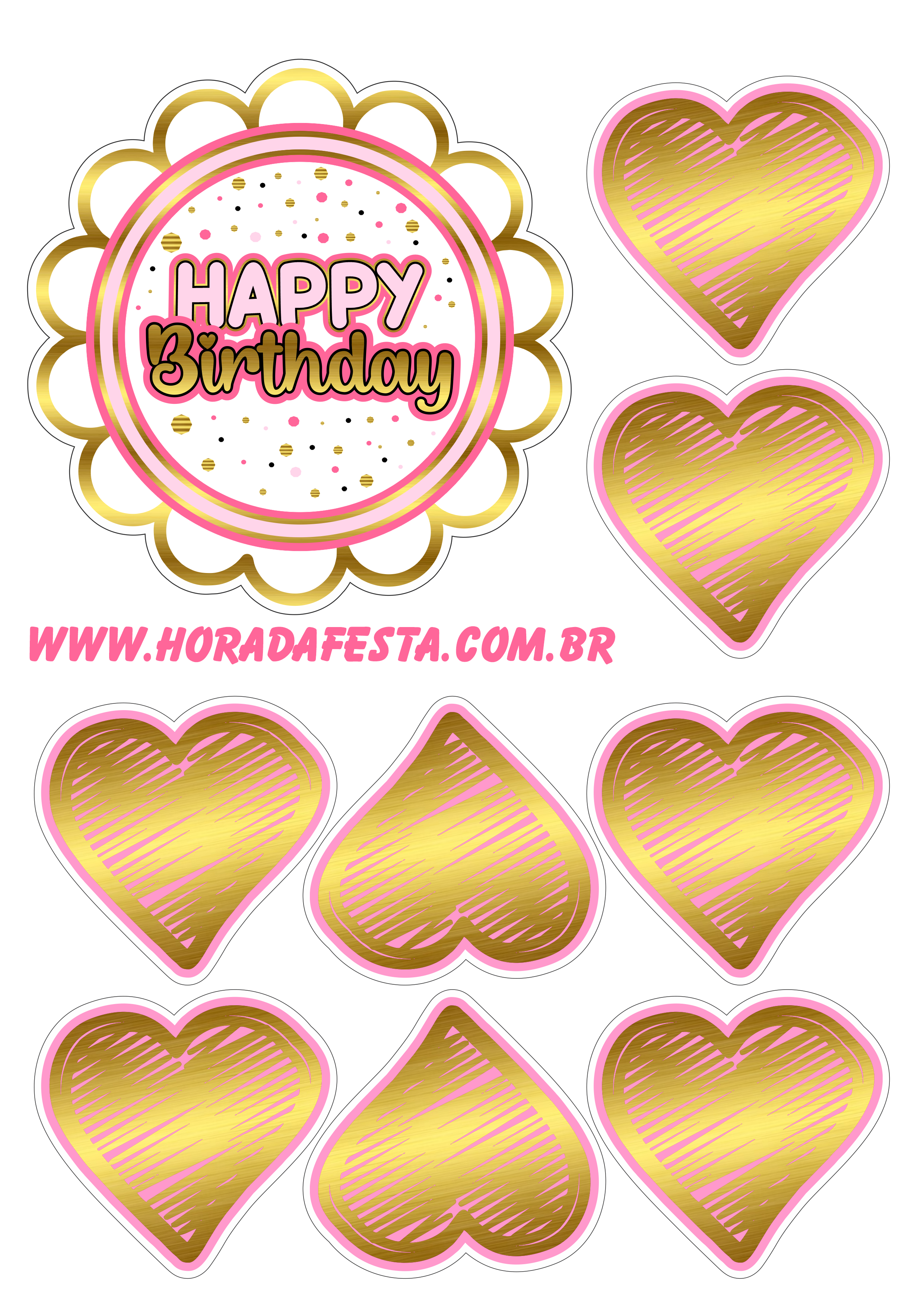 Happy birthday topo de bolo de aniversário dourado com rosa decoração de festa de aniversário artes gráficas design grátis png
