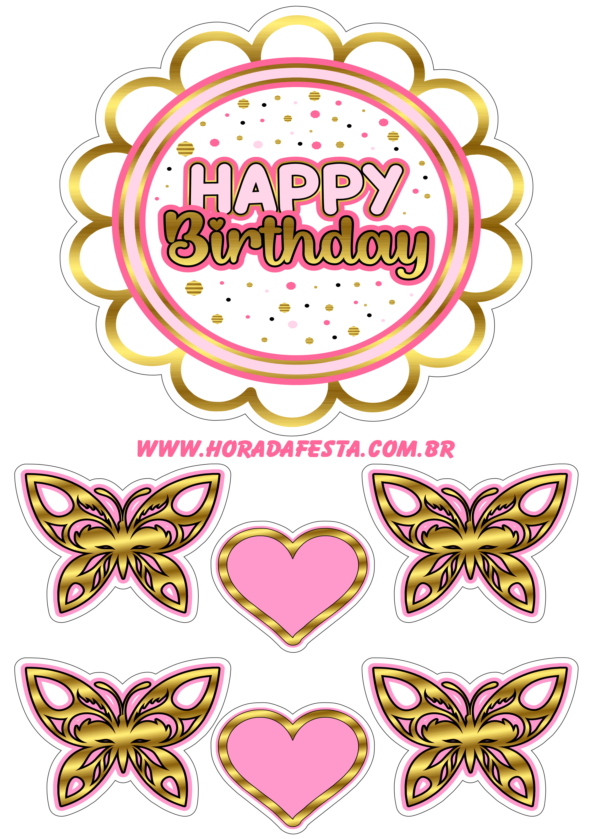 Happy birthday topo de bolo de aniversário dourado com rosa corações e borboletas renda extra com festas png