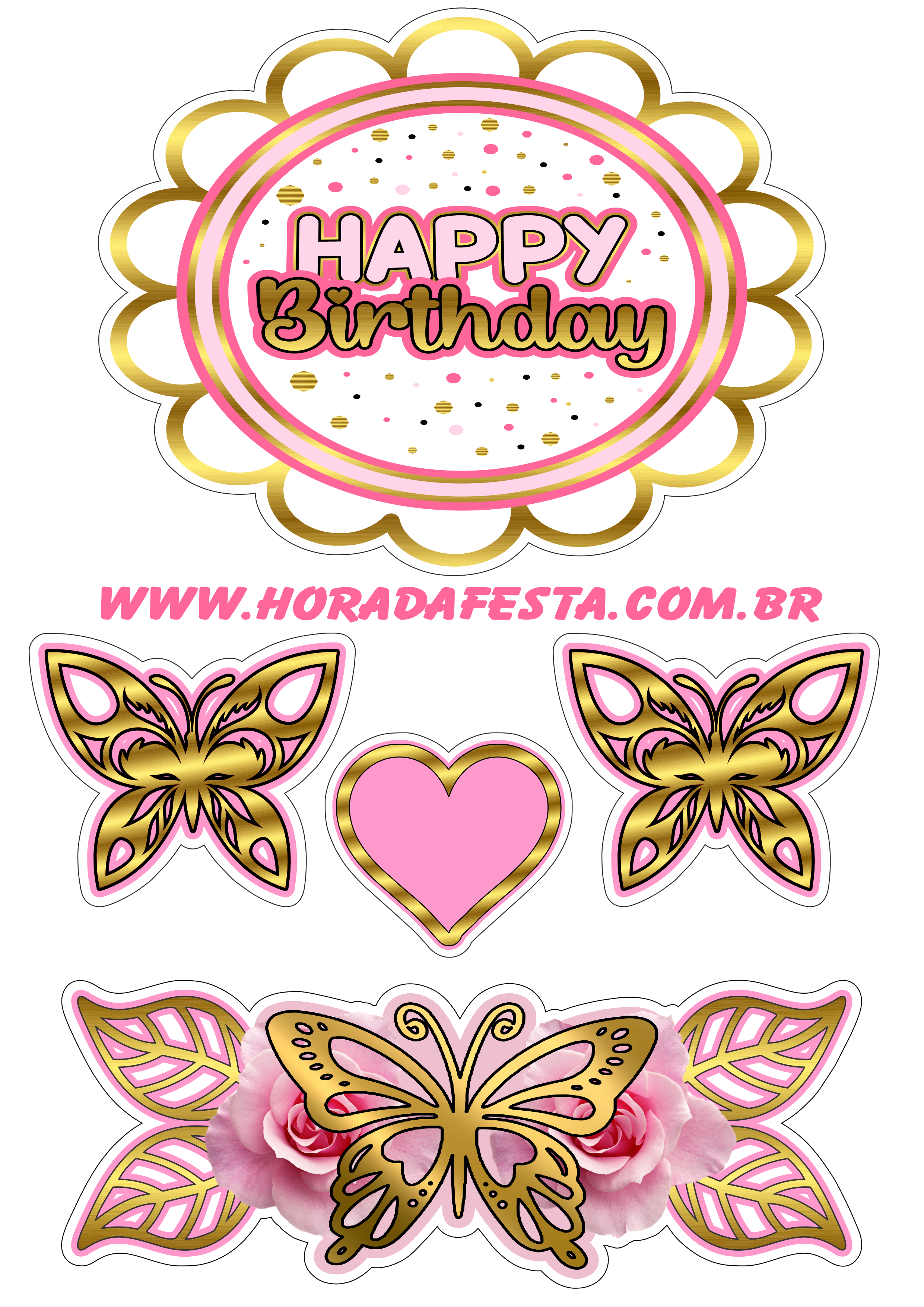 Happy birthday topo de bolo de aniversário dourado com rosa corações borboletas e flores renda extra com festas png