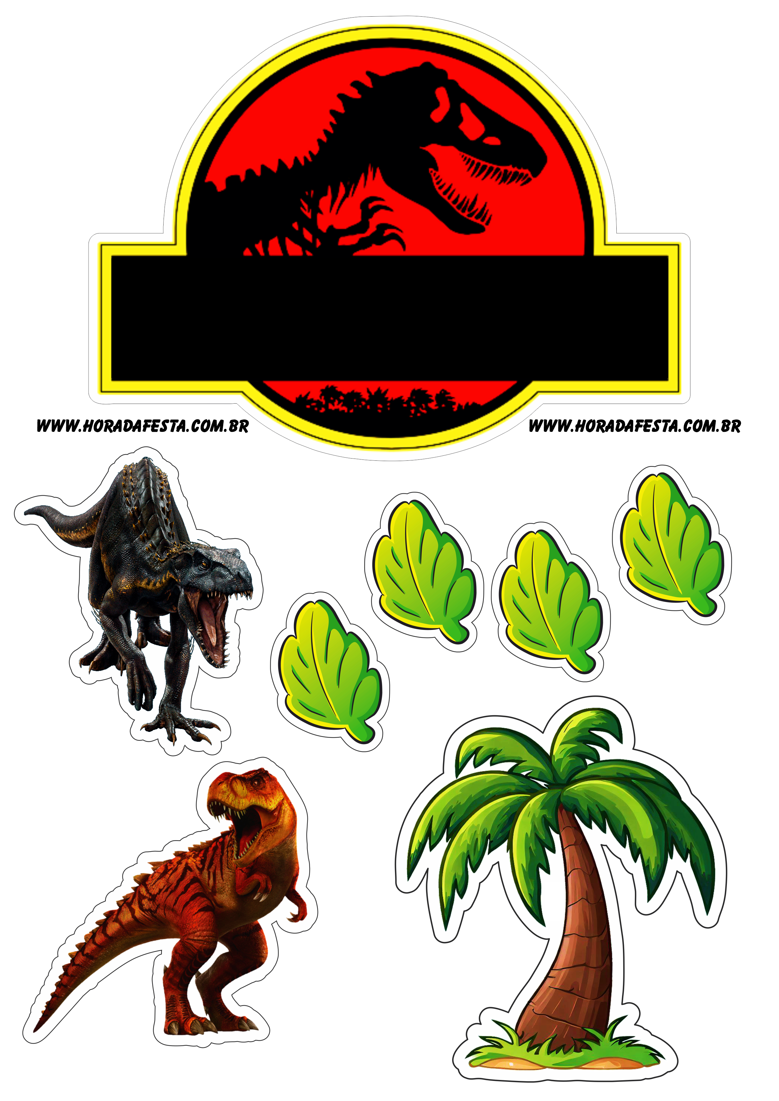 Topo de bolo para imprimir parque dos dinossauros jurassic park festa de aniversário temático árvore folhas png